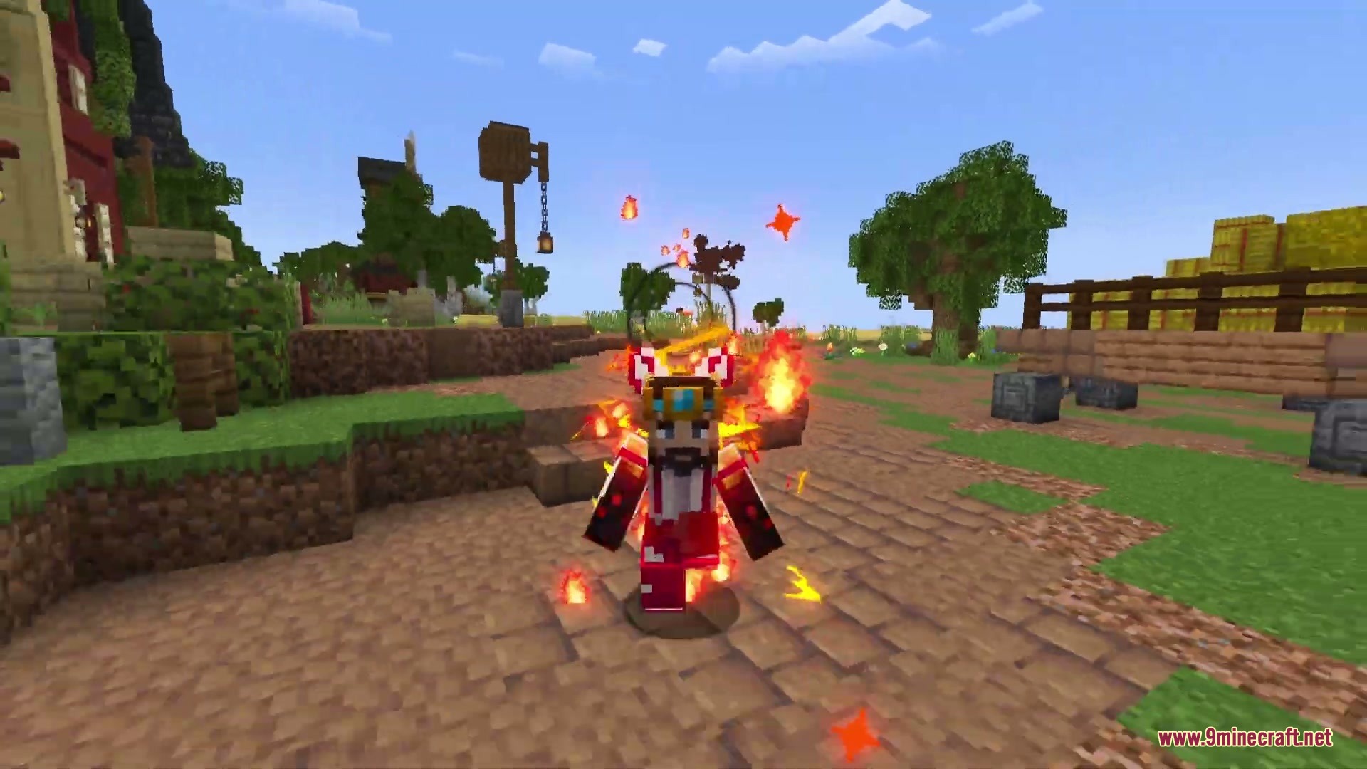 A Minecraft character wearing a crown surrounded by intense phoenix fire effects