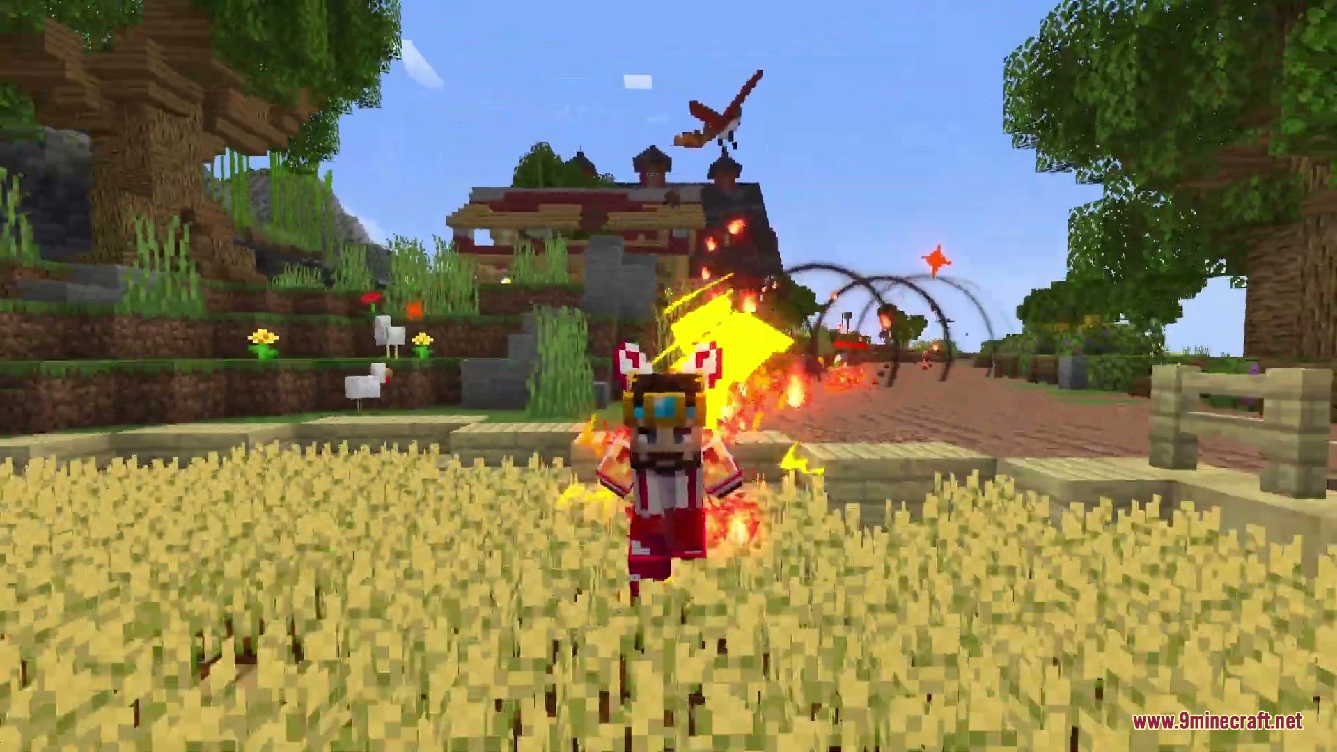 A player using the Phoenix innate technique while surrounded by fire and wheat