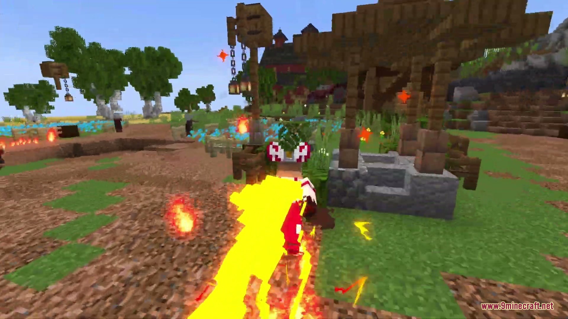 A Minecraft character dashes past a well leaving a trail of bright yellow fire
