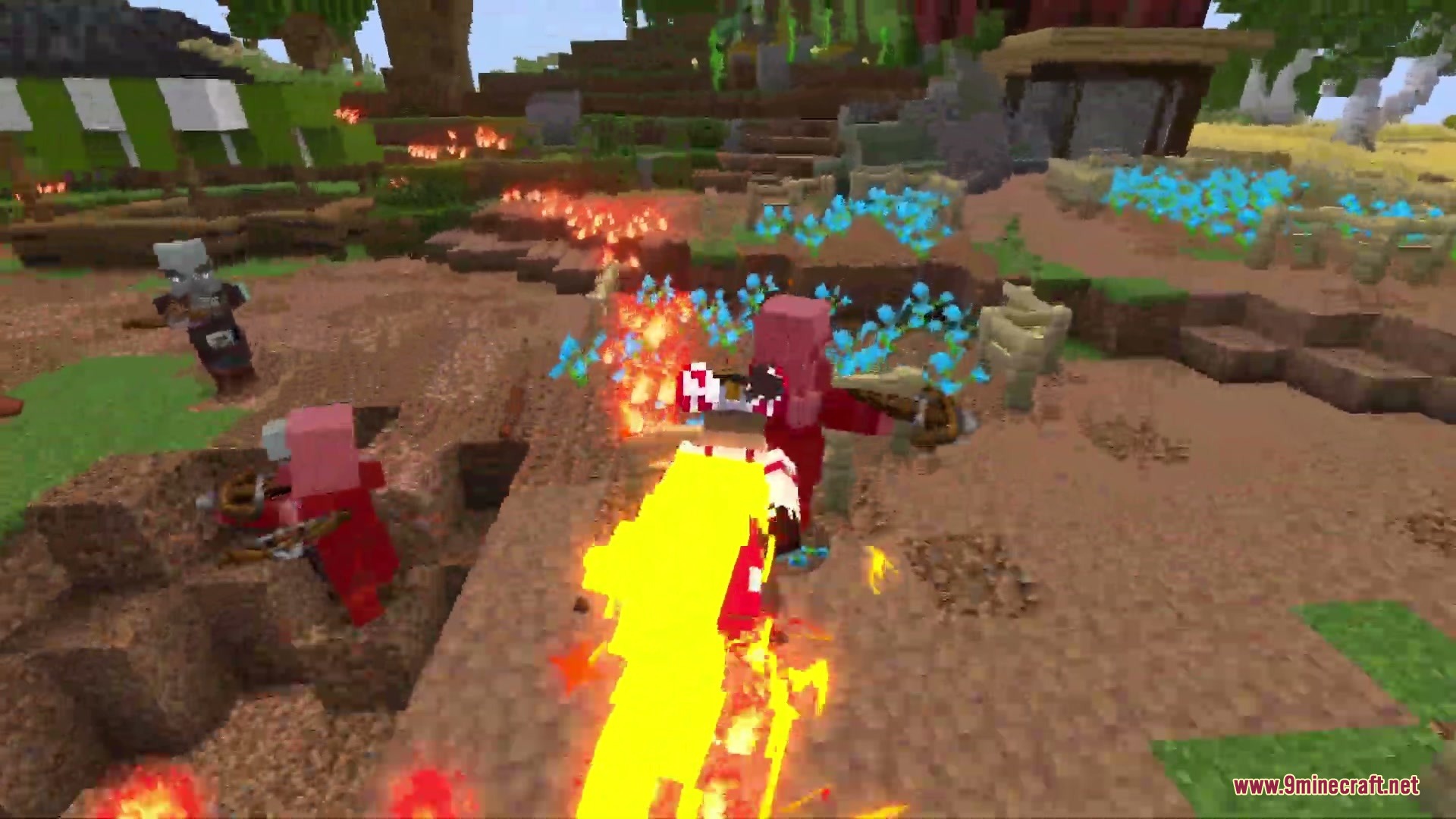Player character unleashes a powerful fire beam attack against hostile mobs in village
