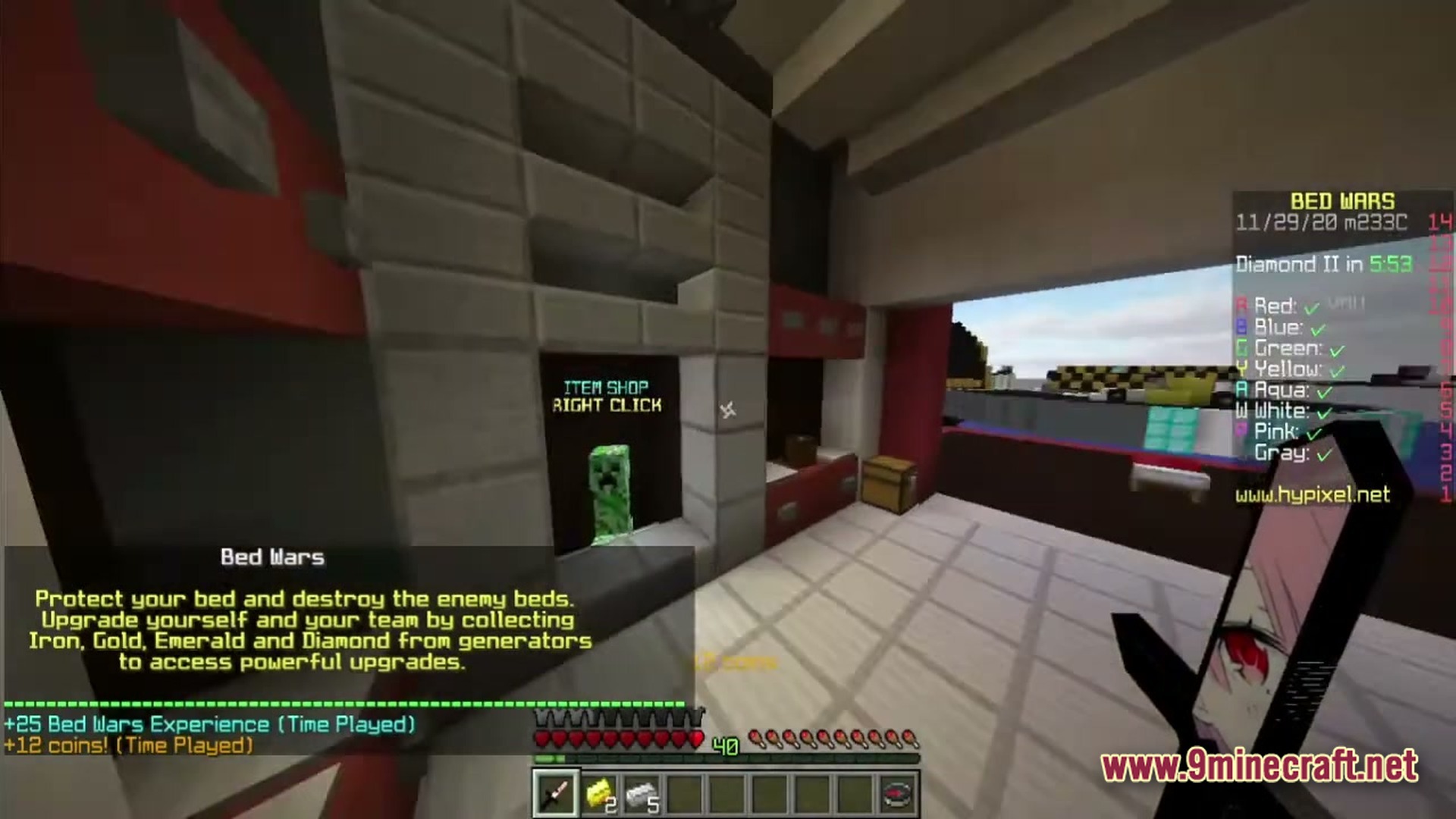 Eternal Return Chronicles Modpack Screenshot 1 A player holds a custom sword while standing near a creeper item shop in Bed Wars