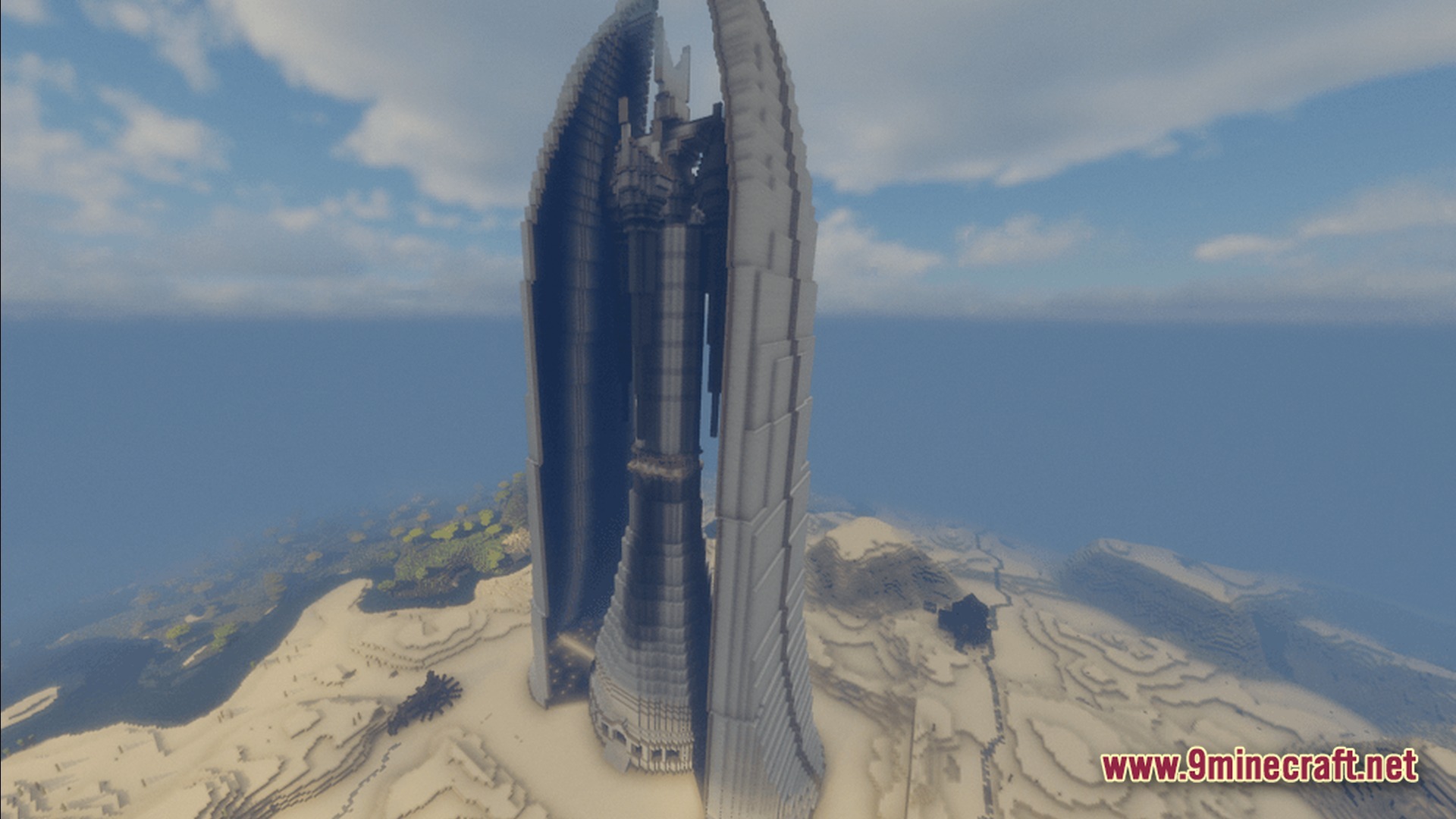 Eternal Return Chronicles Modpack Screenshot 10 A massive white futuristic tower structure stands prominently within a desert biome under a clear sky