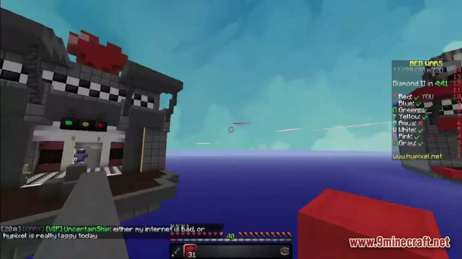 Eternal Return Chronicles Modpack Screenshot 4 A first-person view of a Bed Wars match on the Hypixel server featuring floating island structures