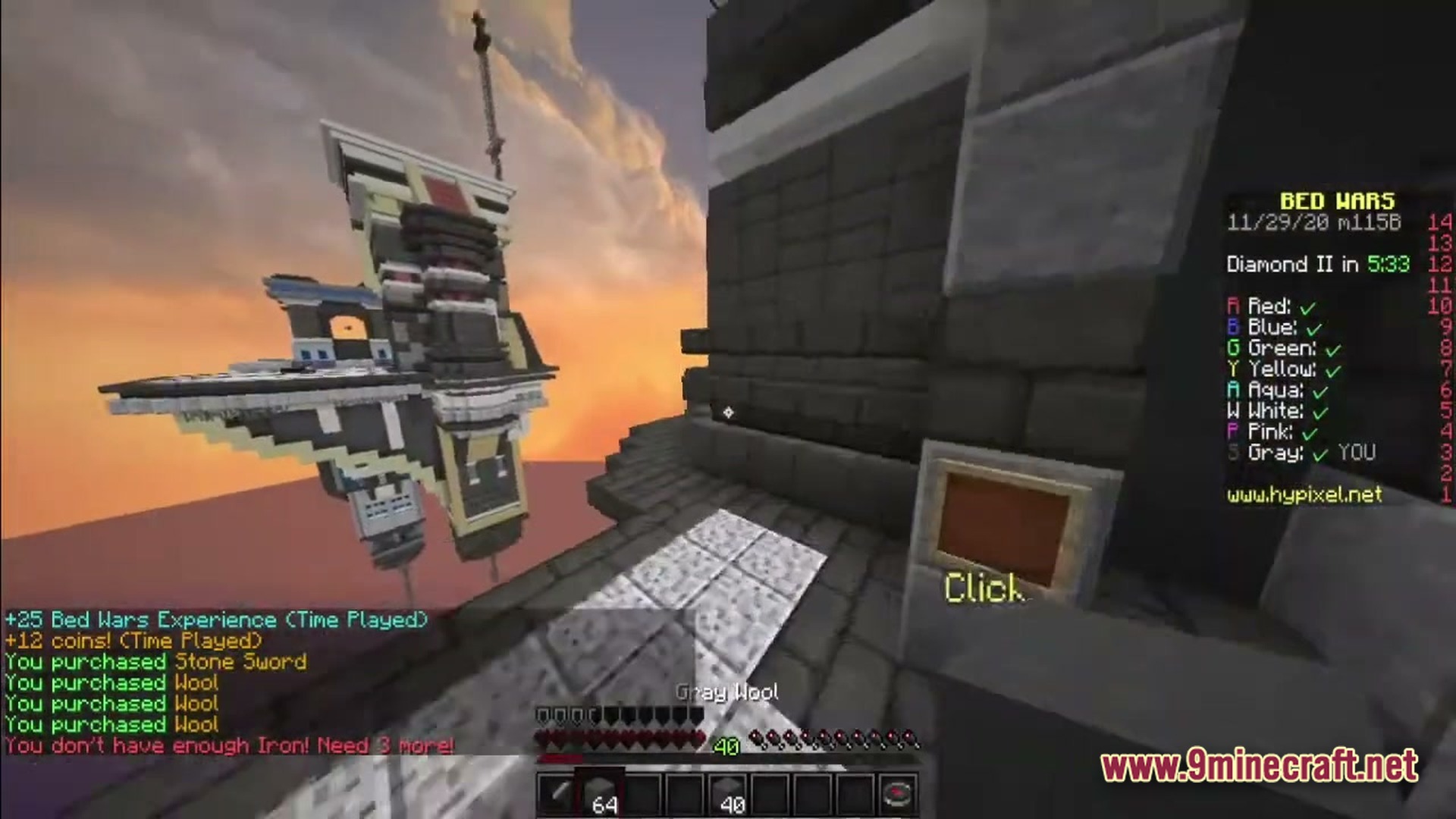 Eternal Return Chronicles Modpack Screenshot 5 A first-person perspective of a Bed Wars match on a floating island map during sunset
