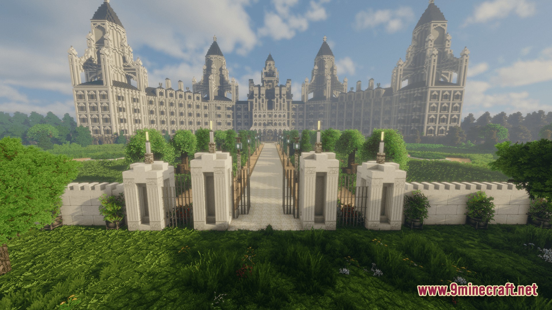 Eternal Return Chronicles Modpack Screenshot 7 A large white stone mansion with multiple towers and a gated garden path under a clear sky