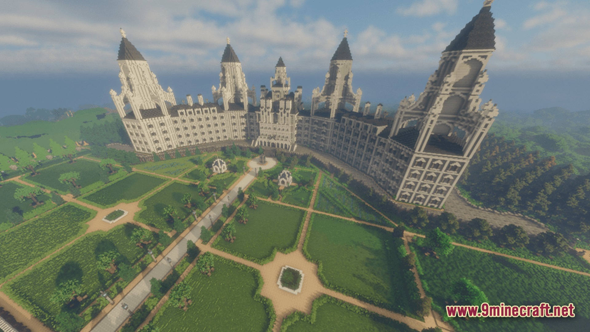 Eternal Return Chronicles Modpack Screenshot 8 A massive white stone palace with multiple towers overlooks a sprawling landscaped garden with pathways