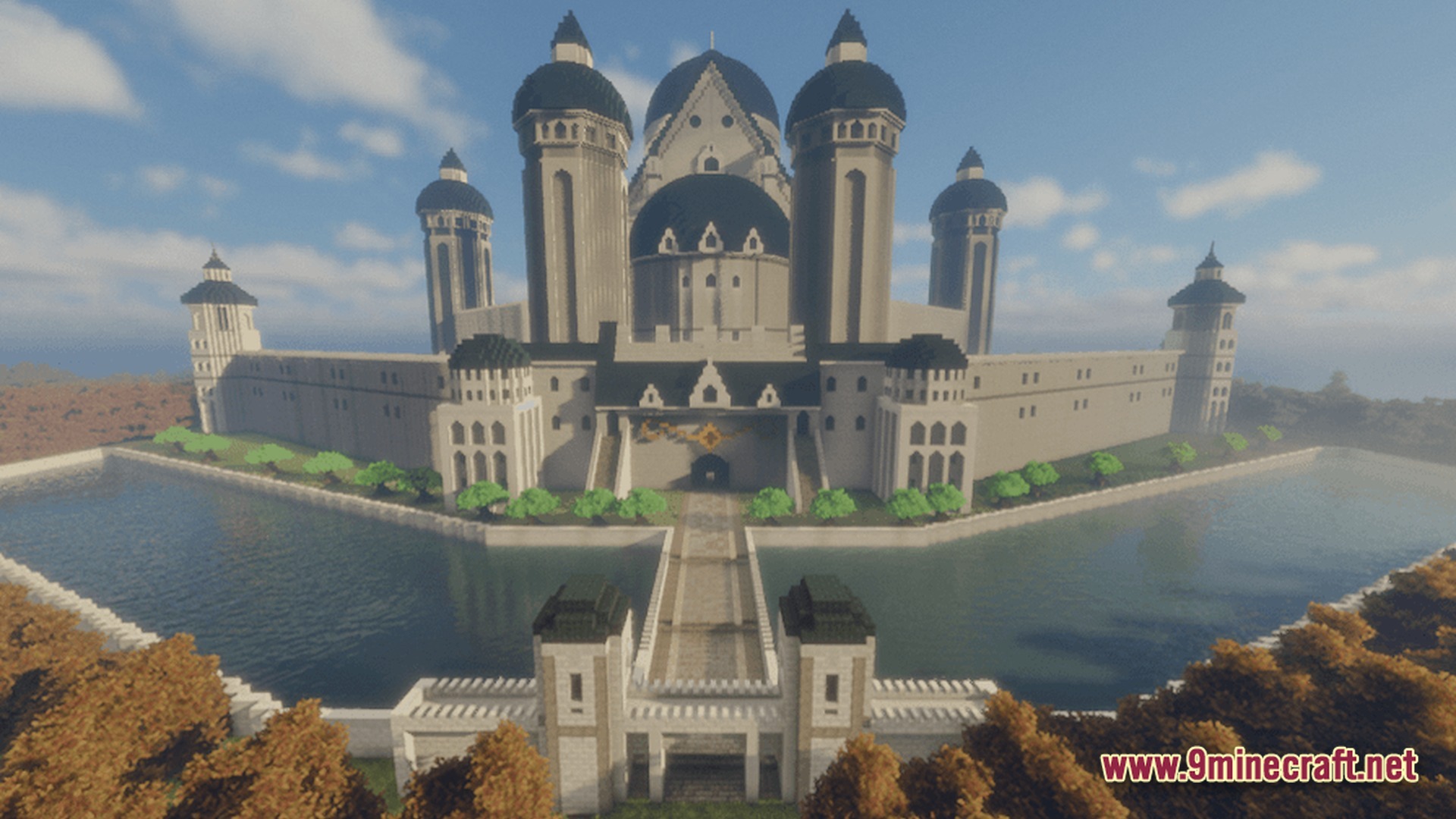 Eternal Return Chronicles Modpack Screenshot 9 A massive white stone castle with dark domed towers and a bridge crossing a wide moat