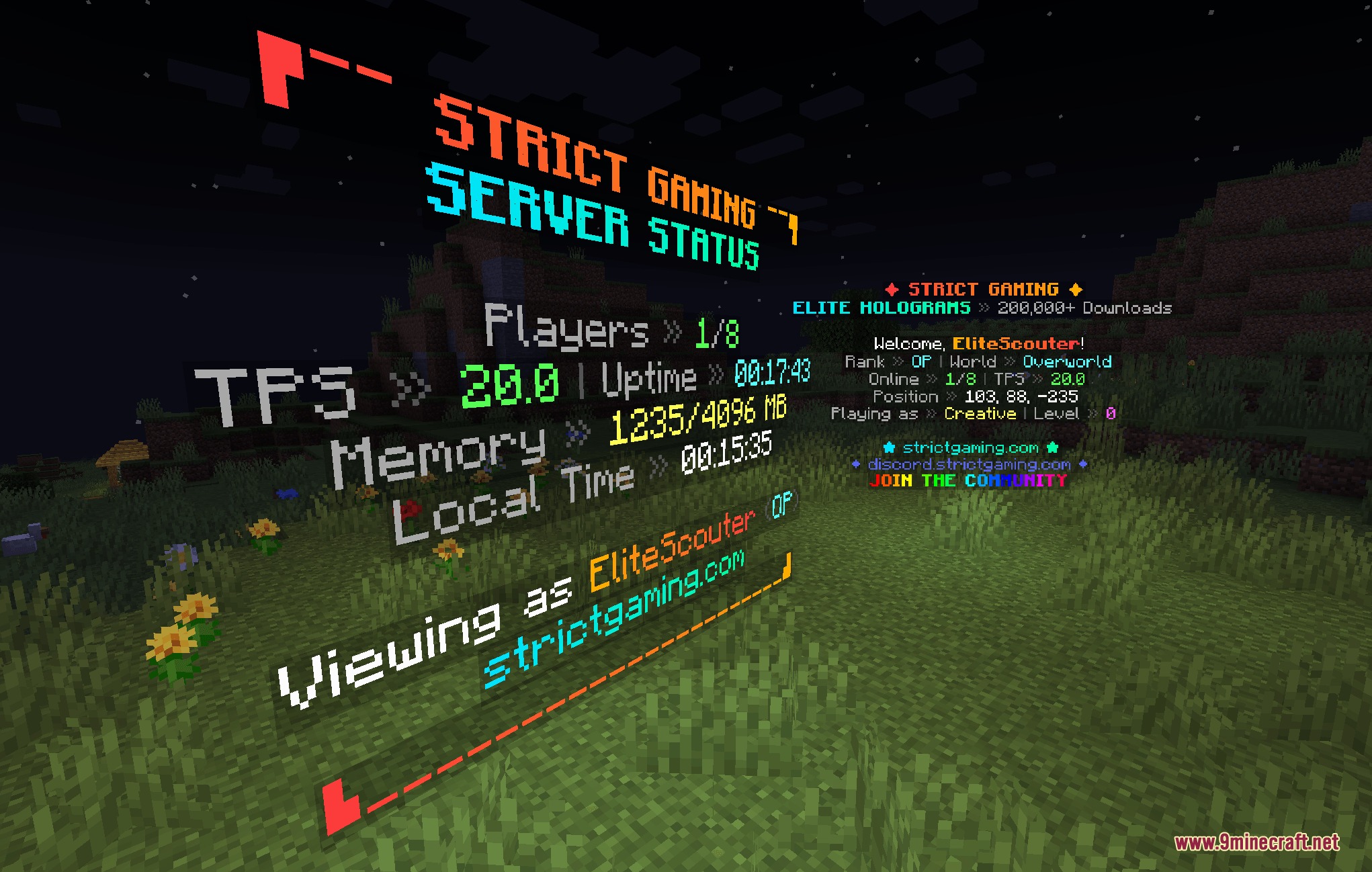 Etheric Script Arrays Mod Screenshot 2 Floating holographic text showing live server statistics and player information in a field