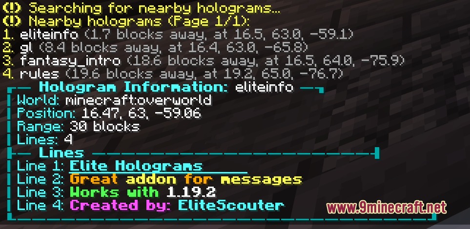 Etheric Script Arrays Mod Screenshot 4 Game chat menu showing a list of nearby holograms and their properties
