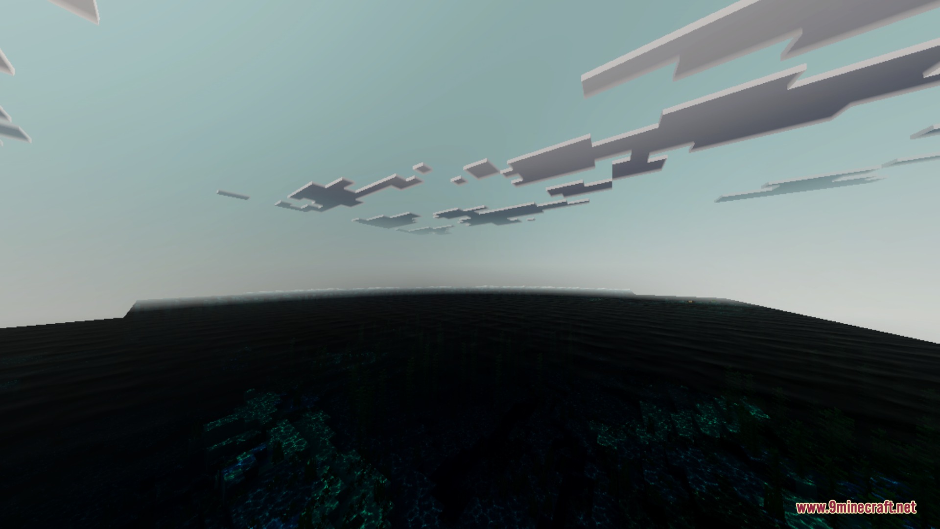Eunoia Shader Screenshot 1 Vast dark ocean with glowing mineral water under a realistic foggy sky