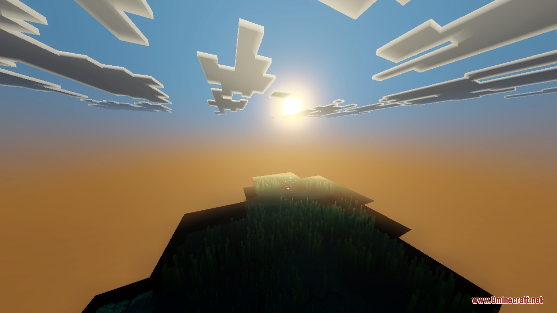 Eunoia Shader Screenshot 2 Vibrant sunset over a grassy island featuring dynamic color grading and atmosphere