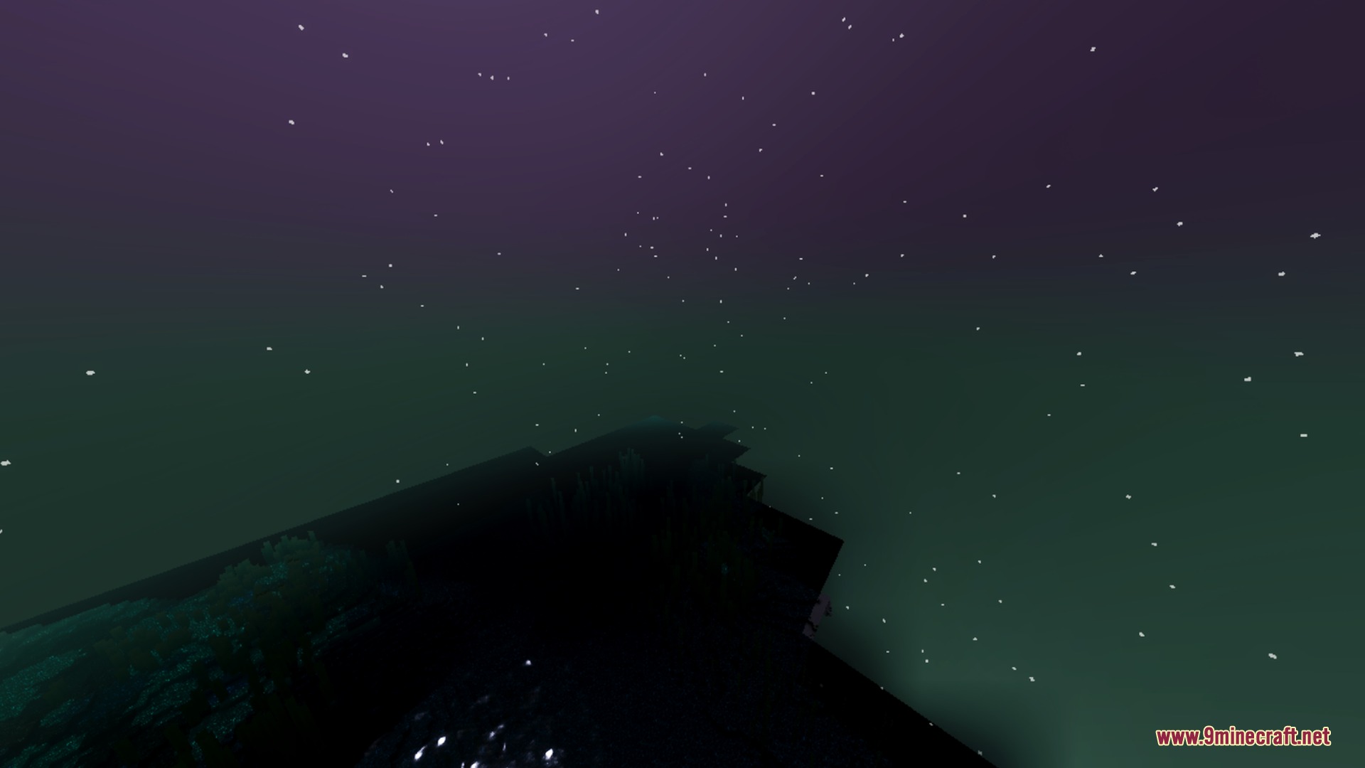 Eunoia Shader Screenshot 3 Dark landscape silhouette under a starry purple and green night sky with fog