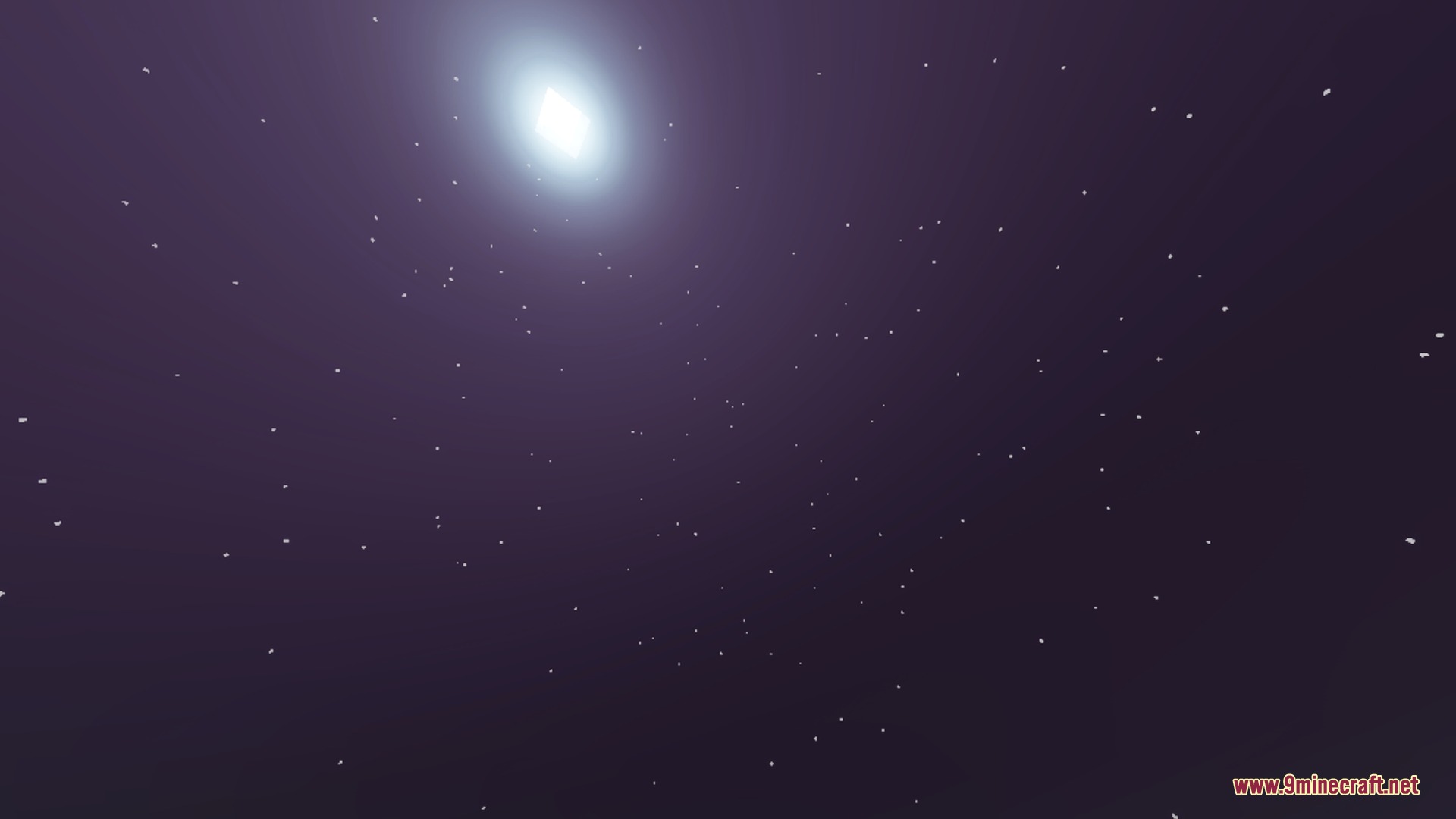 Eunoia Shader Screenshot 4 Bright glowing moon shining in a purple night sky filled with many stars