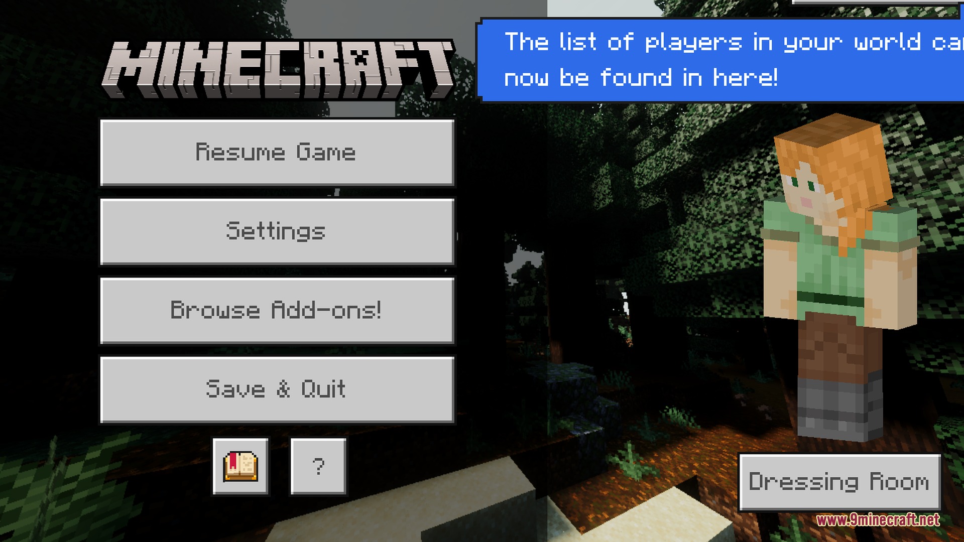 Eunoia Shader Screenshot 7 Minecraft pause menu showing Alex in a dark forest with realistic shadows
