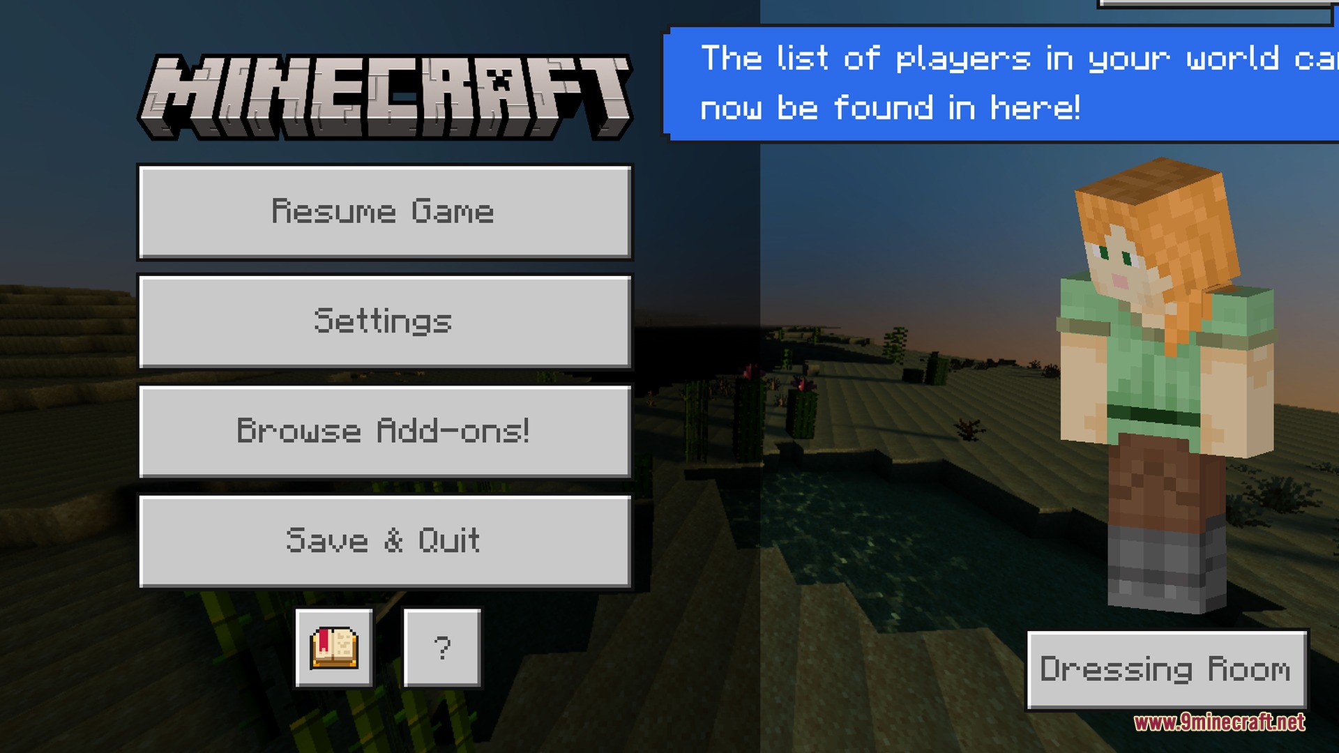 Eunoia Shader Screenshot 8 Minecraft pause menu showing Alex in a desert with clear mineral water