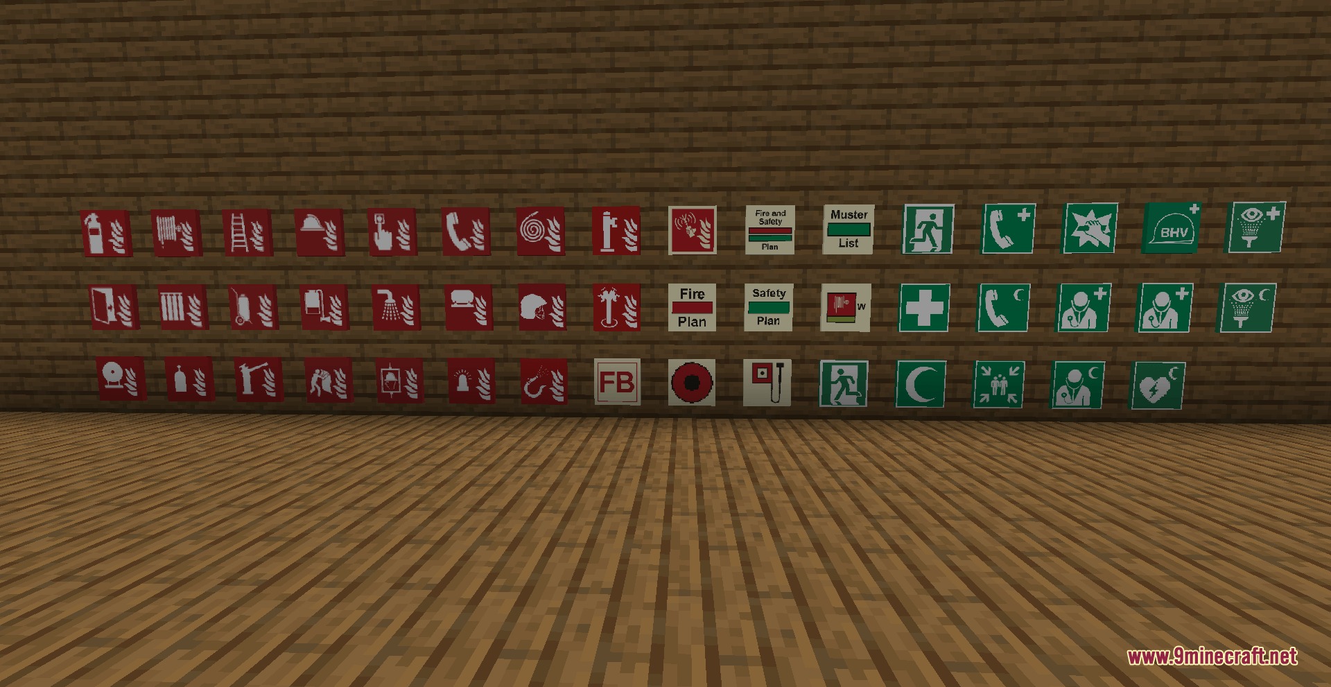 A wide variety of emergency and safety signs from the Evacuate Mod