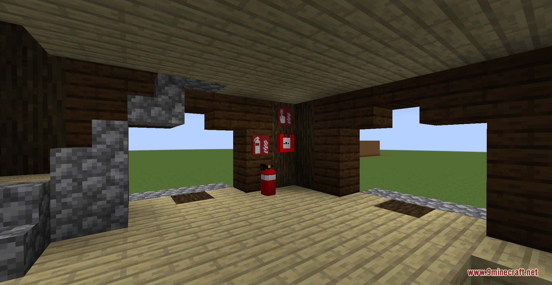 A fire extinguisher and safety signs installed inside a wooden Minecraft building