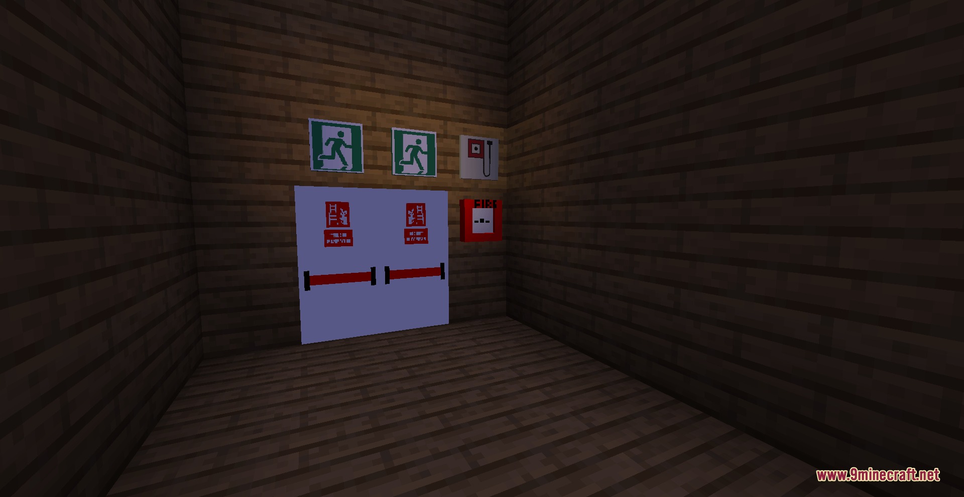 White emergency exit doors with red crash bars and green exit signs above