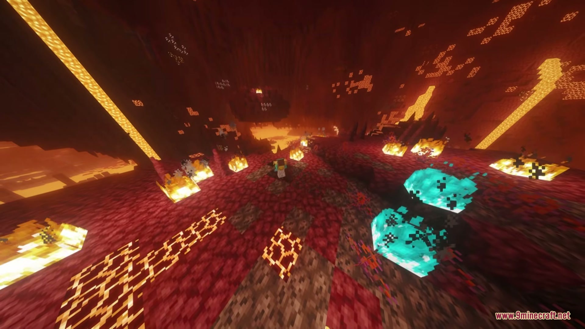 Even Better Nether Mod Screenshot 1 Vibrant Nether dimension featuring glowing lava pillars and blue soul fire on netherrack