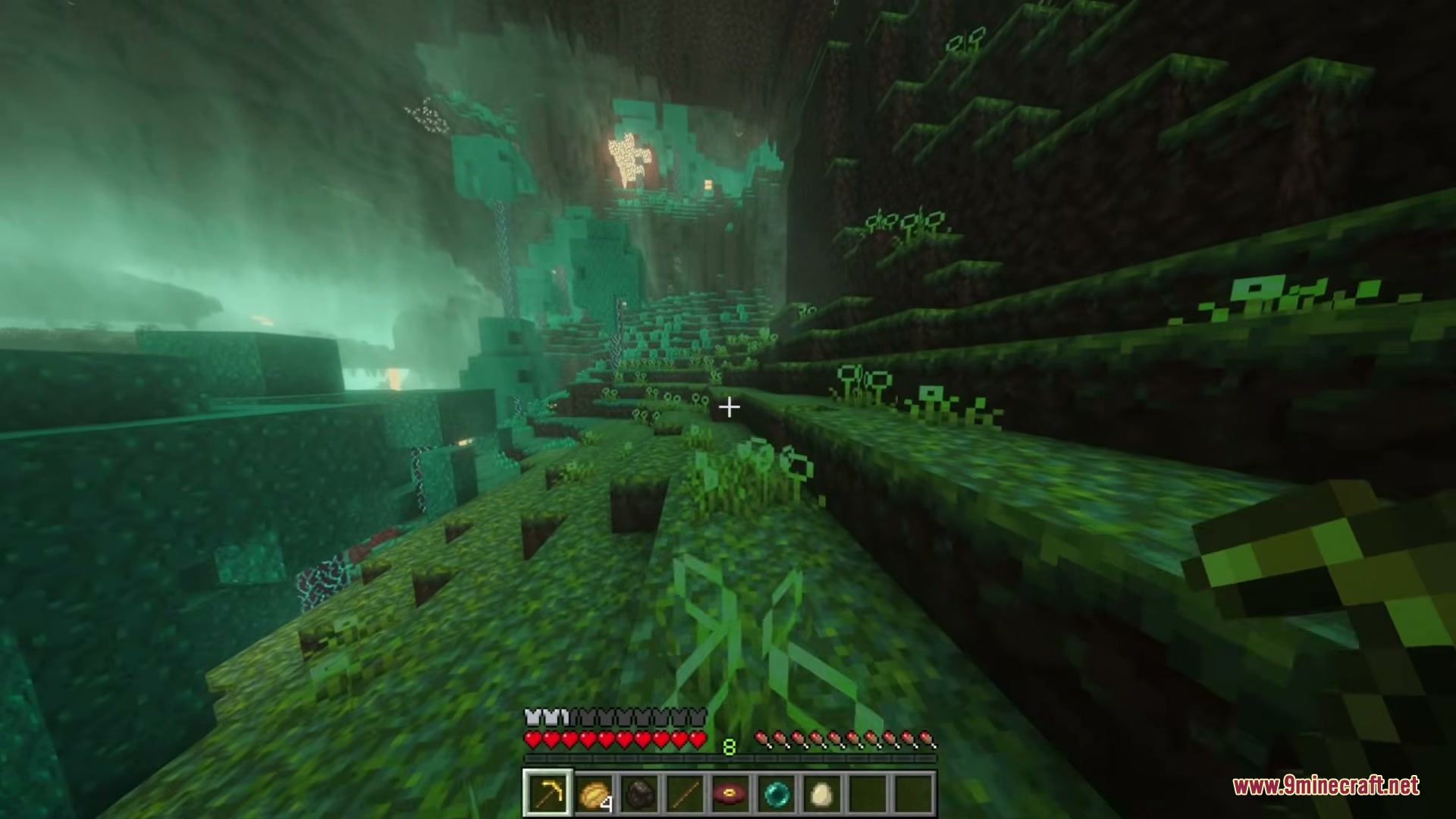 Even Better Nether Mod Screenshot 3 First person view of a player exploring a vibrant teal Mushroom Forest biome