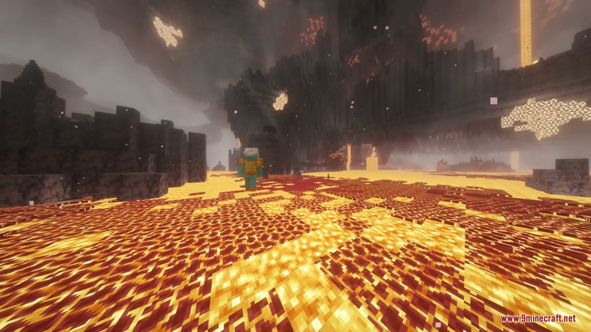 Even Better Nether Mod Screenshot 4 Player character walking across glowing magma blocks in a dark volcanic wasteland