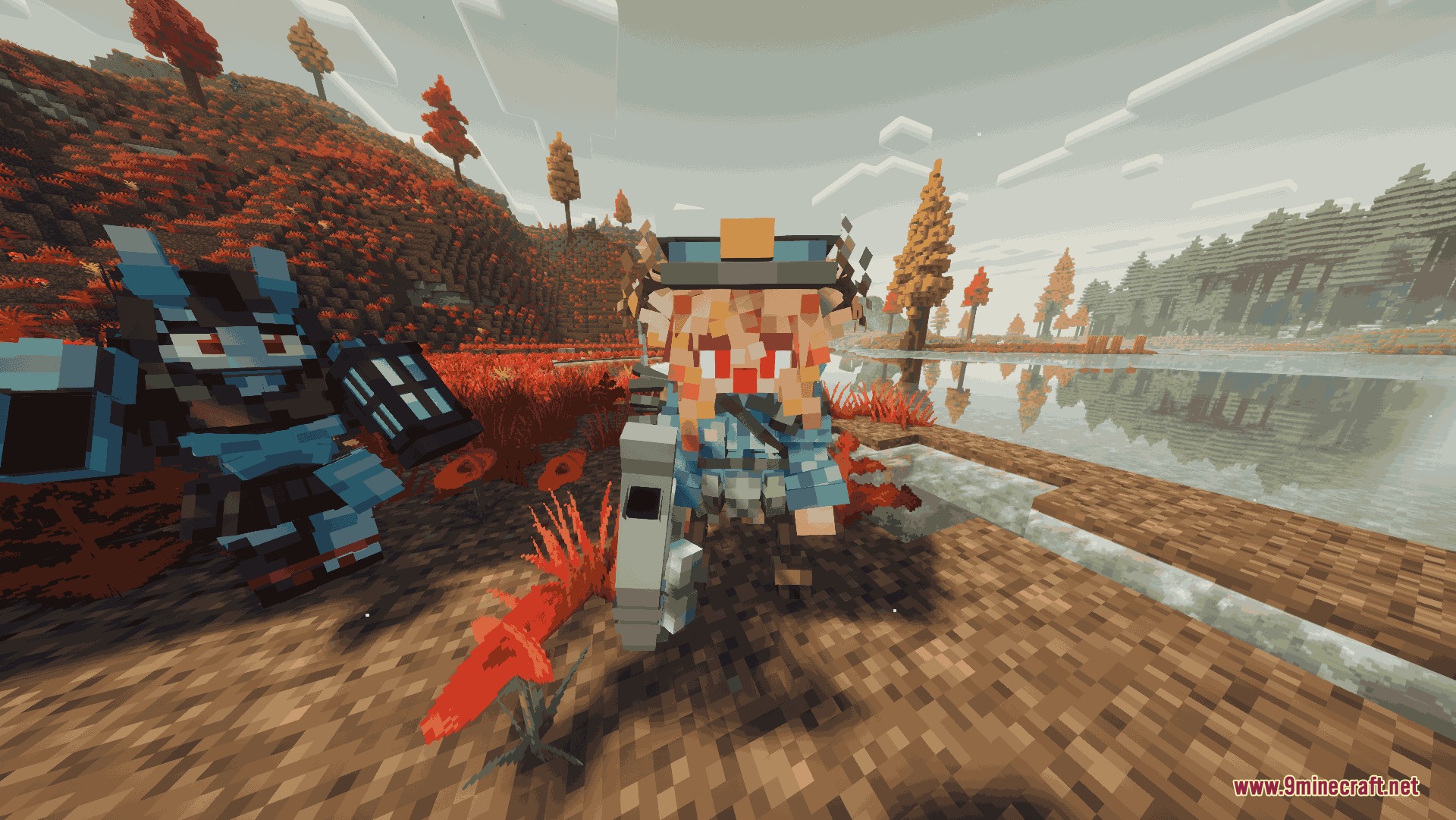 Evo Waifu Companions Mod Screenshot 1 Blonde anime companion character holding a futuristic weapon in a red autumn forest