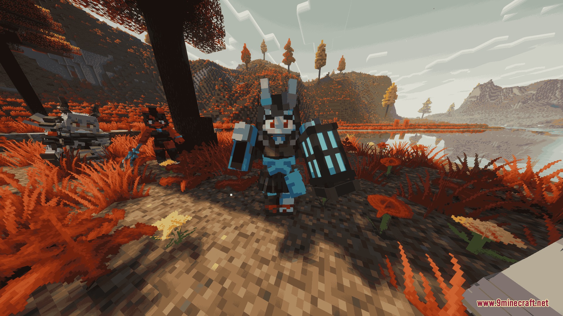Evo Waifu Companions Mod Screenshot 2 Blue anime companion character standing near a lake with a unique lantern shield