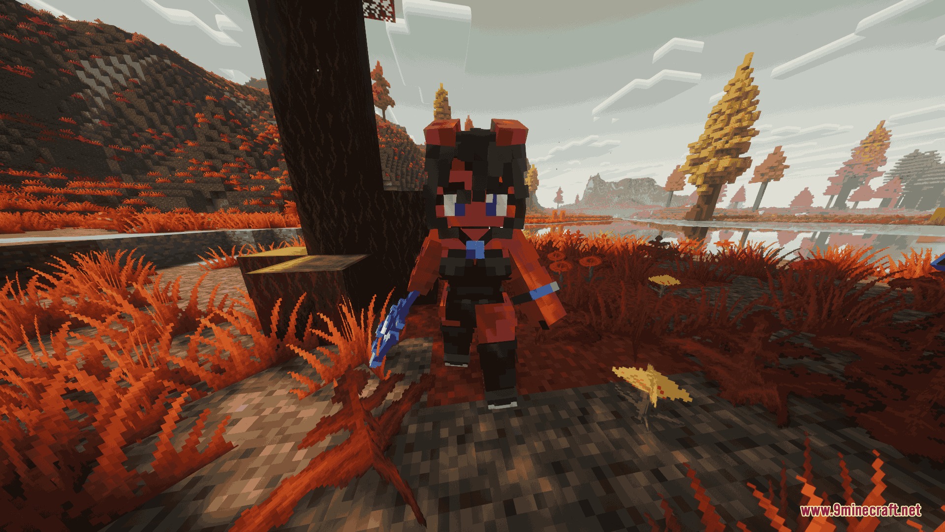 Evo Waifu Companions Mod Screenshot 3 Anime companion Lilith with red skin stands in a vibrant autumn forest biome