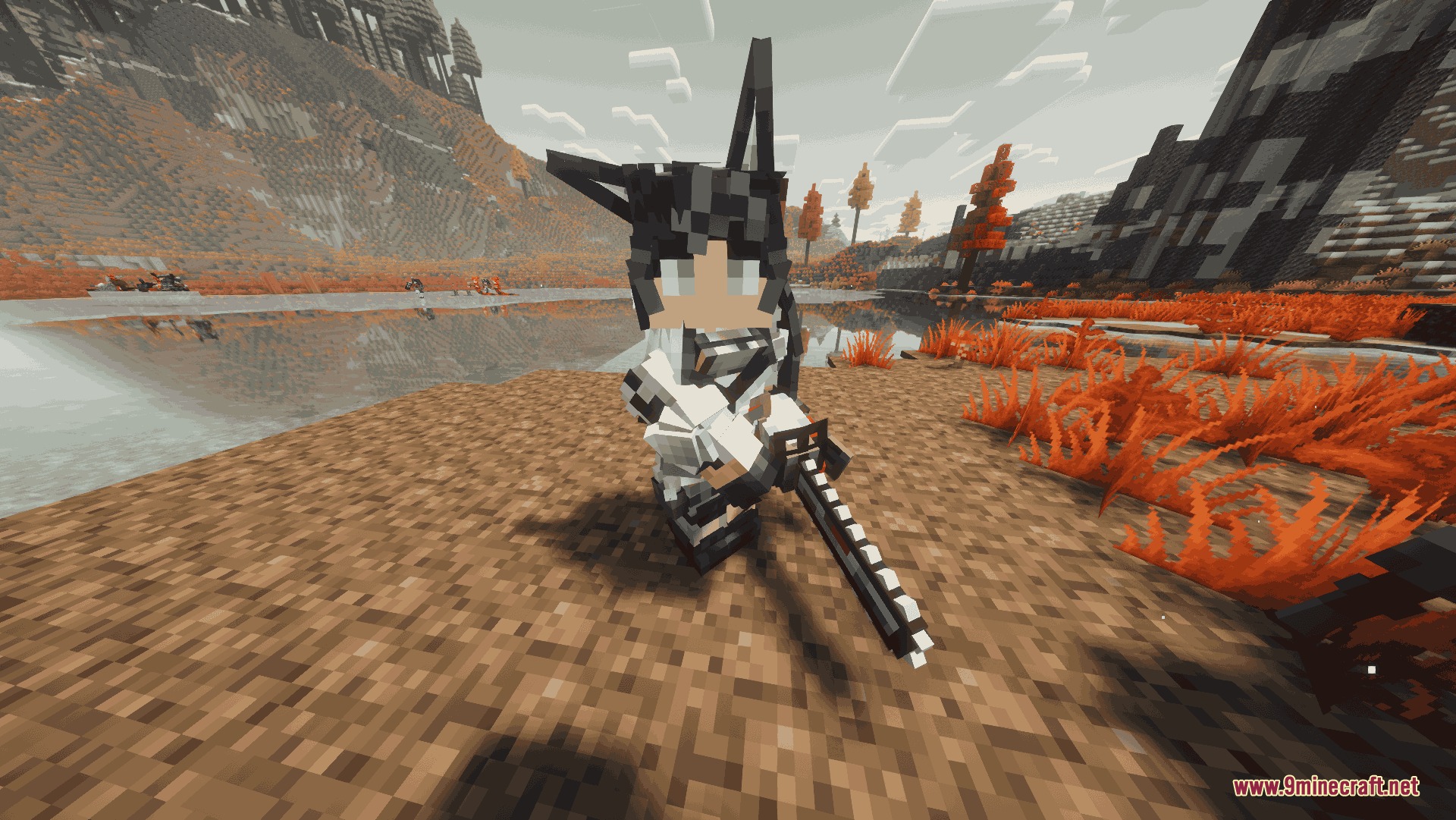 Evo Waifu Companions Mod Screenshot 5 A black haired companion with cat ears holding a long sword near water