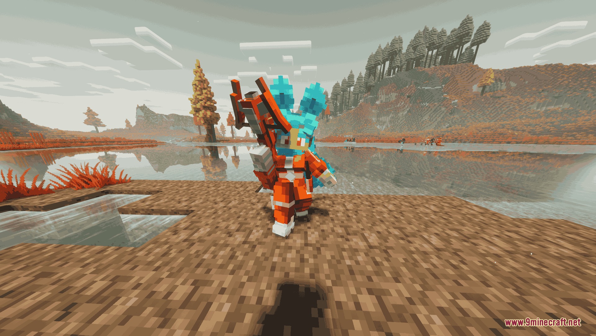Evo Waifu Companions Mod Screenshot 6 A blue haired companion wearing orange armor and holding a large red weapon