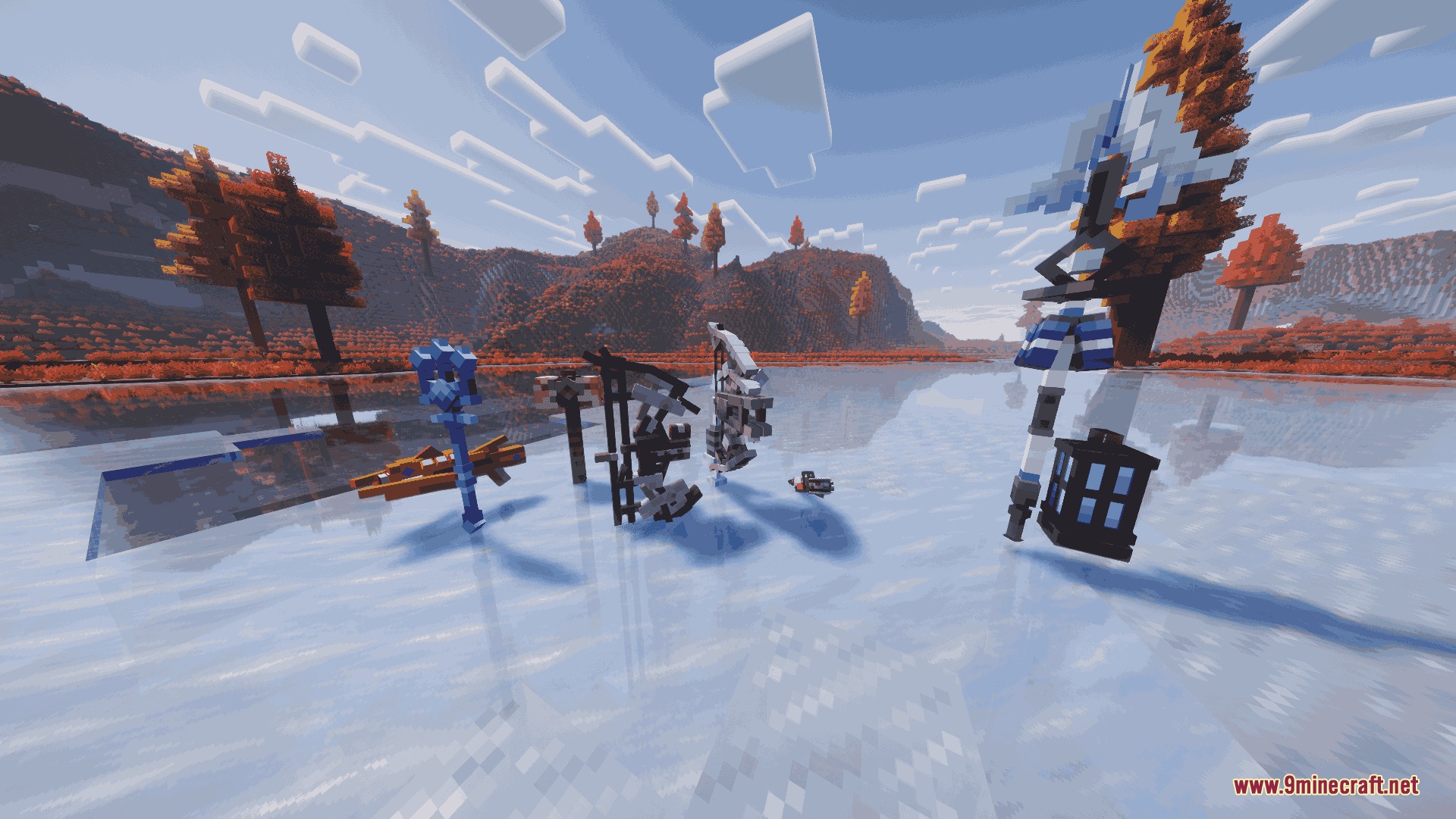 Evo Waifu Companions Mod Screenshot 7 A collection of legendary weapons and items floating over a frozen lake