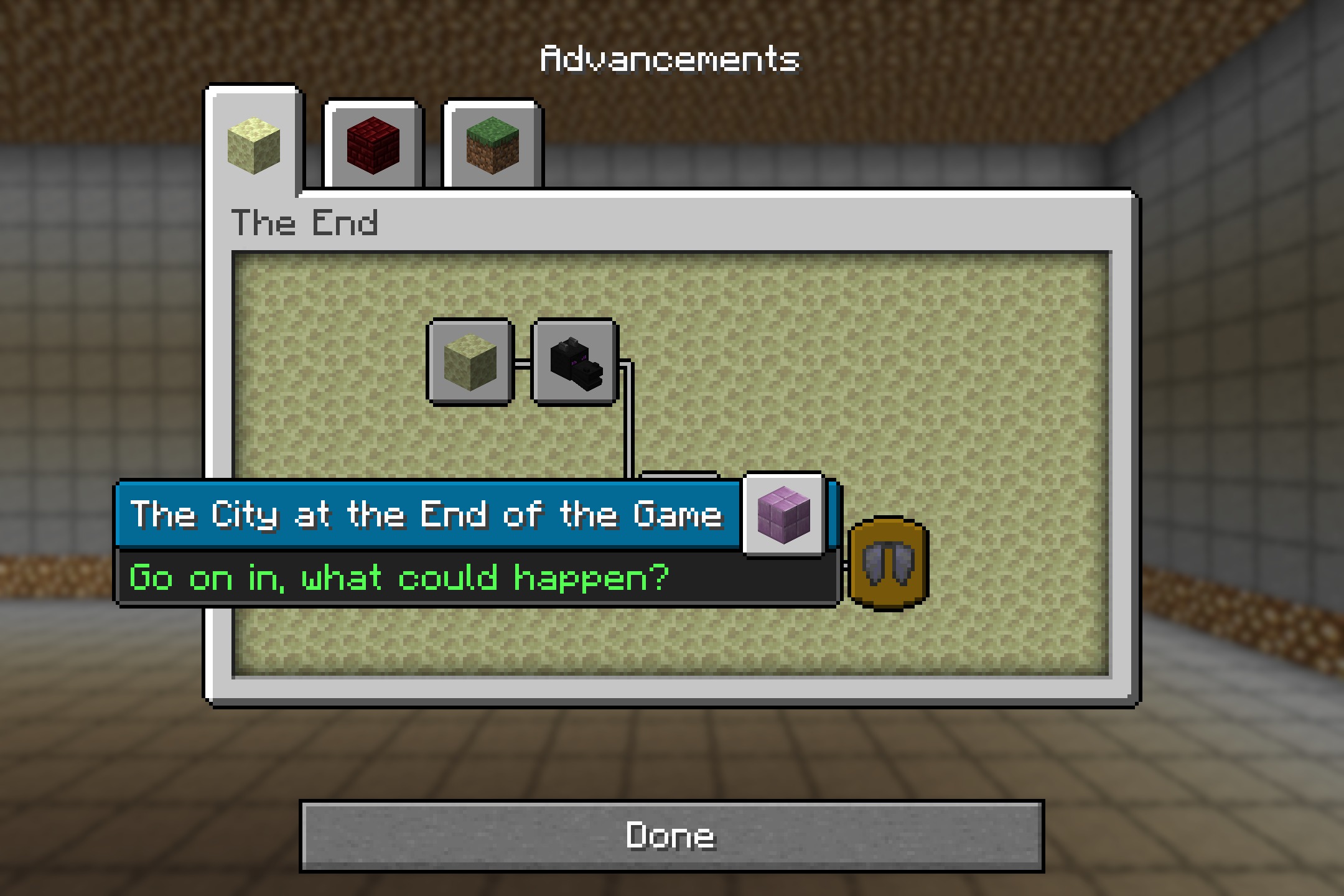 Evocraft Loading Screen Resource Pack Screenshot 2 The advancements screen displaying progress in the end dimension with custom white graphics