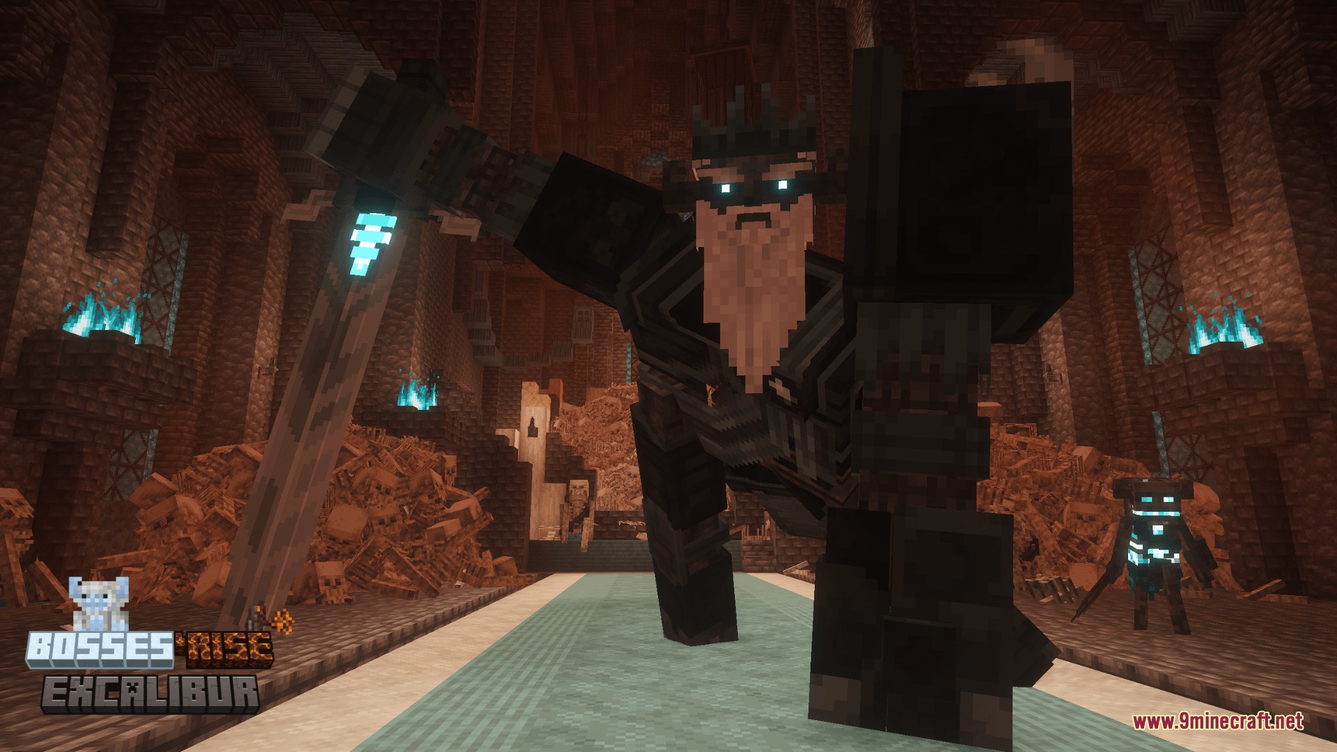 Excalibur Bosses'rise Support Resource Pack Screenshot 1 A giant armored boss with glowing eyes wielding a massive stone sword