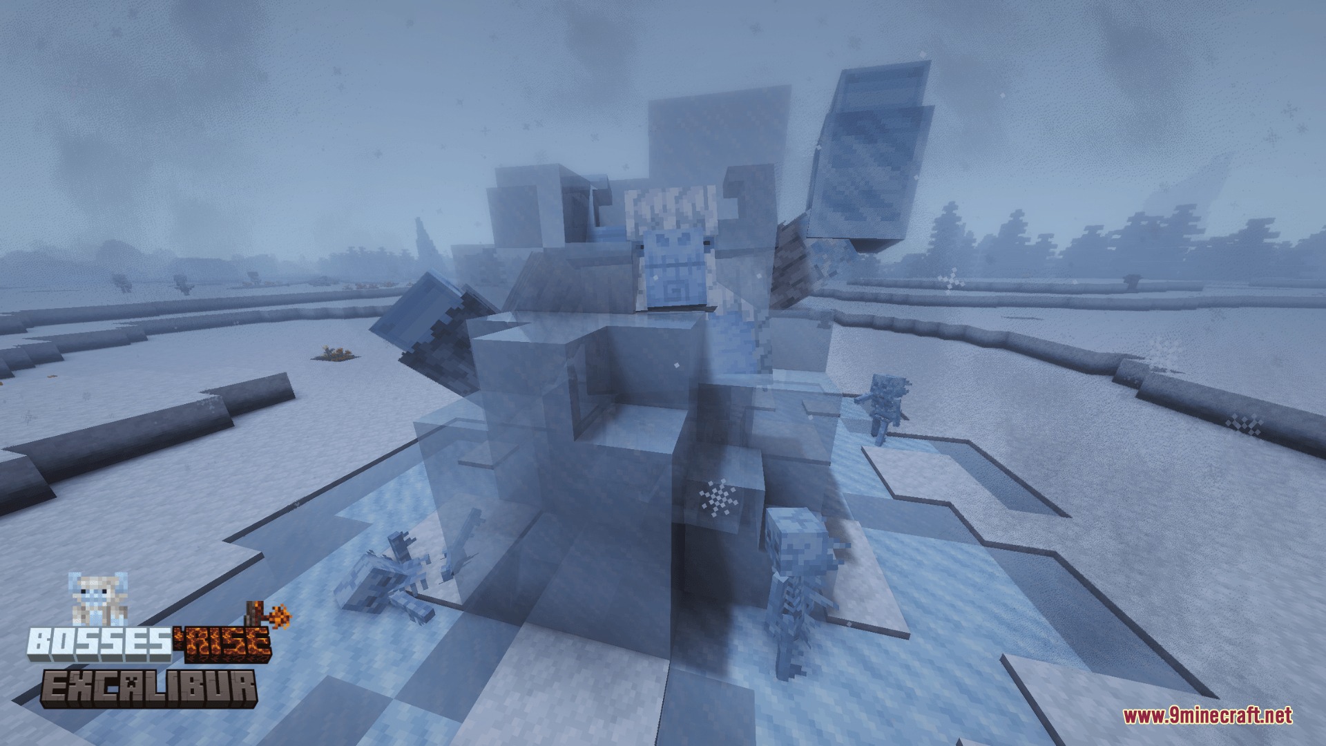 Excalibur Bosses'rise Support Resource Pack Screenshot 3 A giant ice structure stands amidst skeletons in a foggy winter landscape