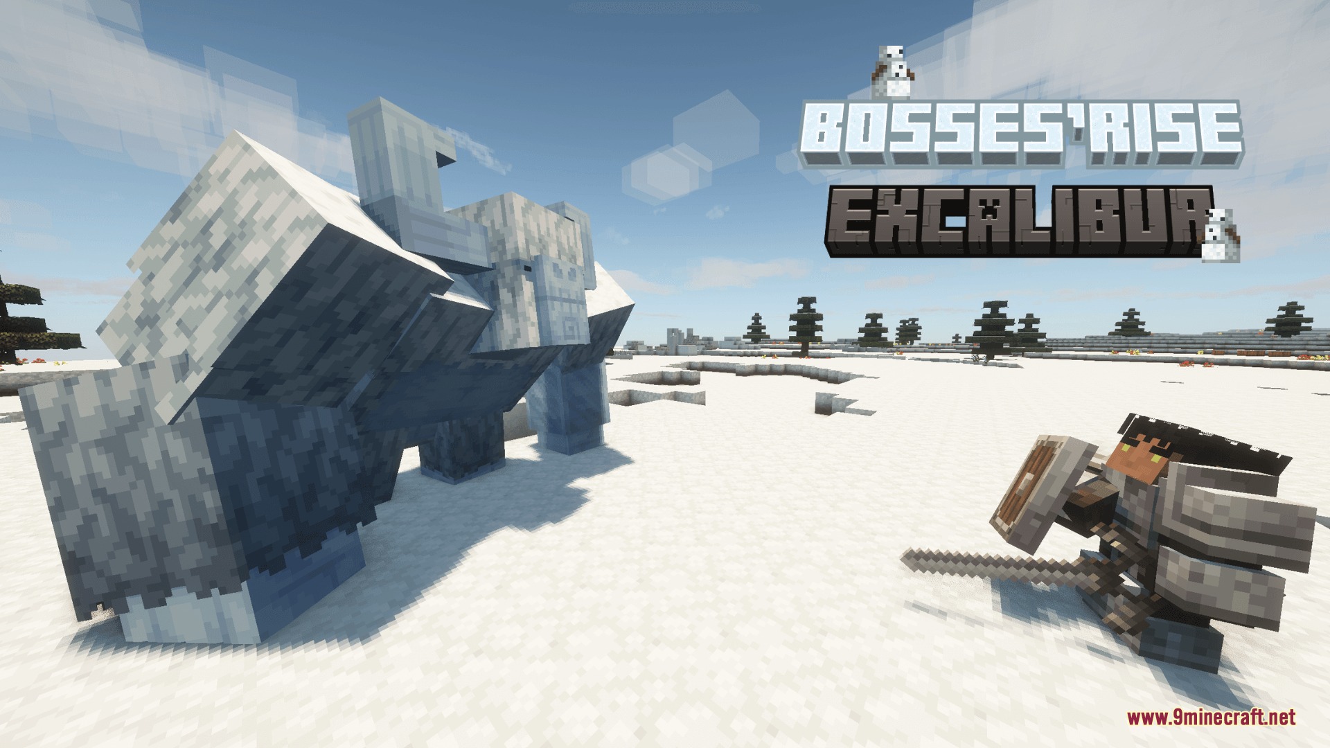 Excalibur Bosses'rise Support Resource Pack Screenshot 4 A player in medieval armor battles a massive Yeti in a snowy field