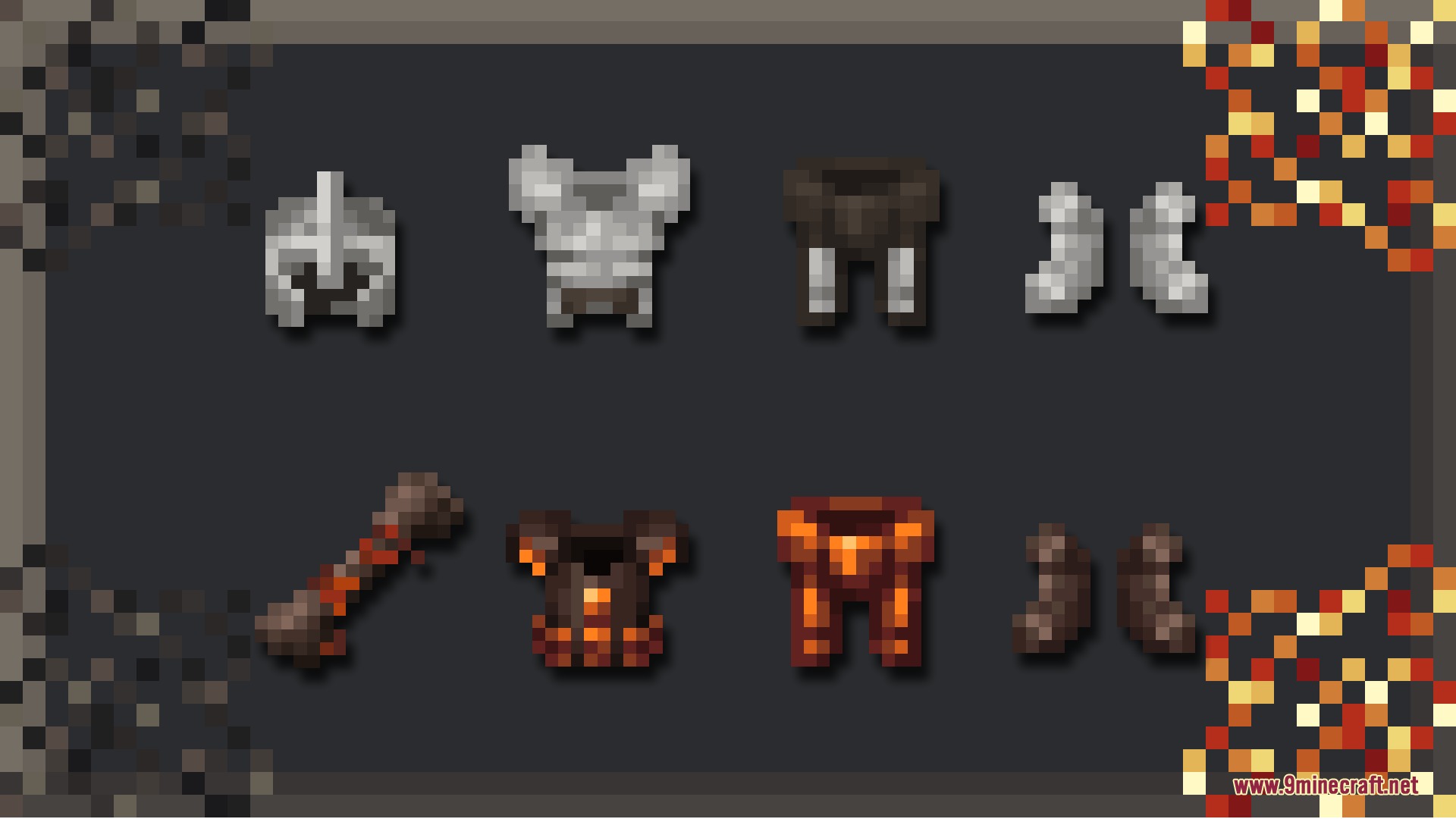 Excalibur Bosses'rise Support Resource Pack Screenshot 6 Ancient steel and fiery armor sets with a weapon in Minecraft style