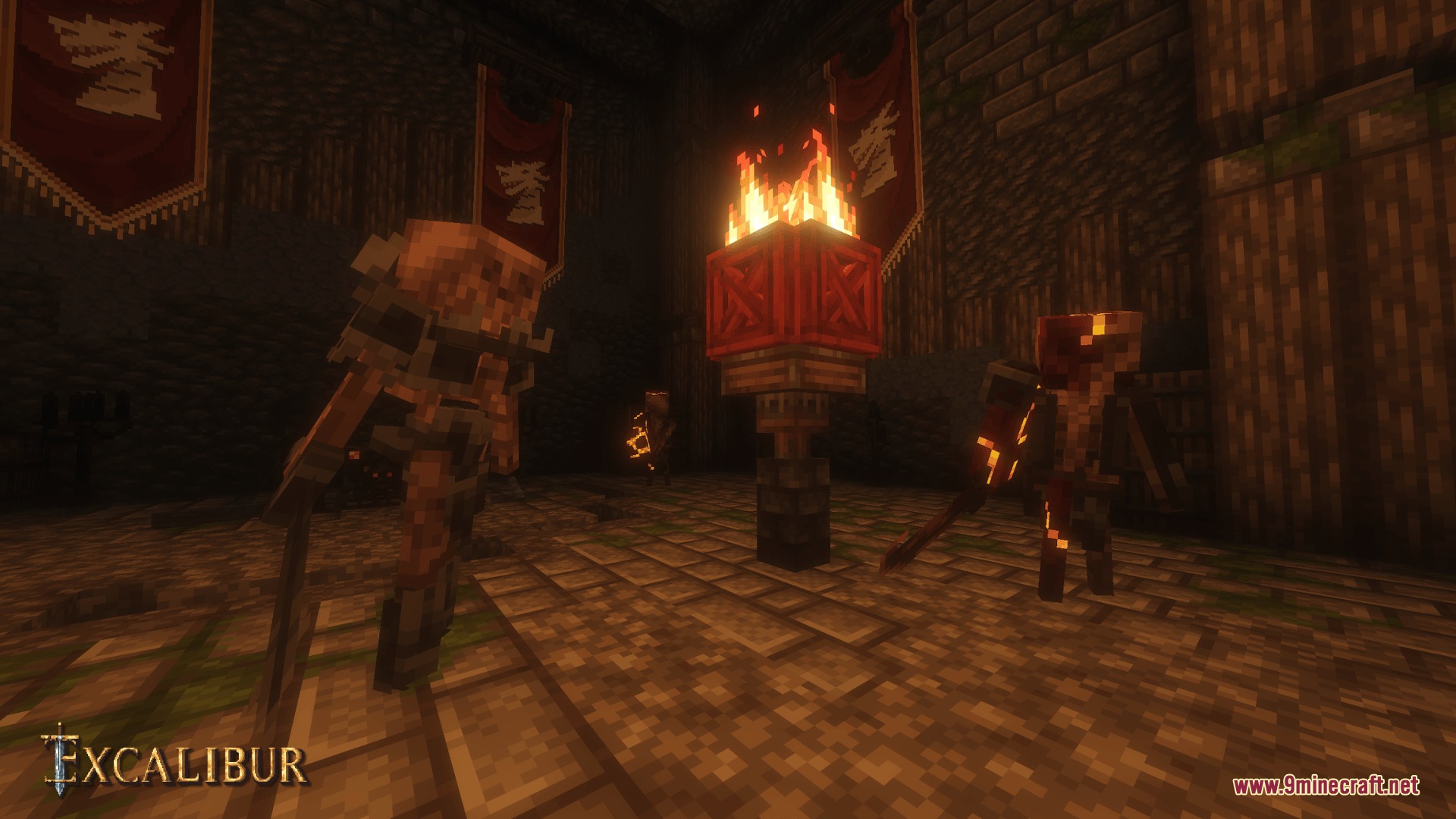 Excalibur Bosses'rise Support Resource Pack Screenshot 7 Two Dragon Guards stand watch in a dark chamber lit by a brazier
