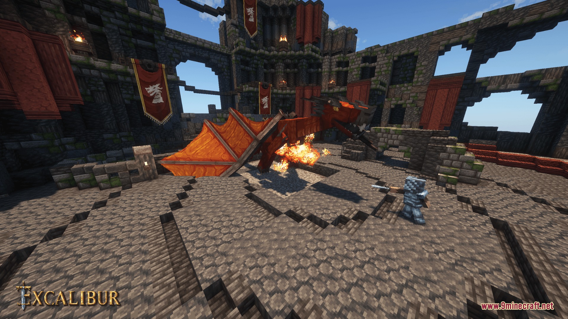 Excalibur Bosses'rise Support Resource Pack Screenshot 8 A knight battles a massive Infernal Dragon in a large stone castle courtyard