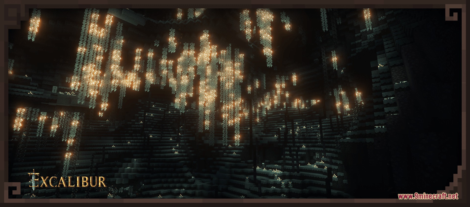 Excalibur Deeper and Darker Support Resource Pack Screenshot 1 Glowing vines hanging from the ceiling of a dark and deep cavern