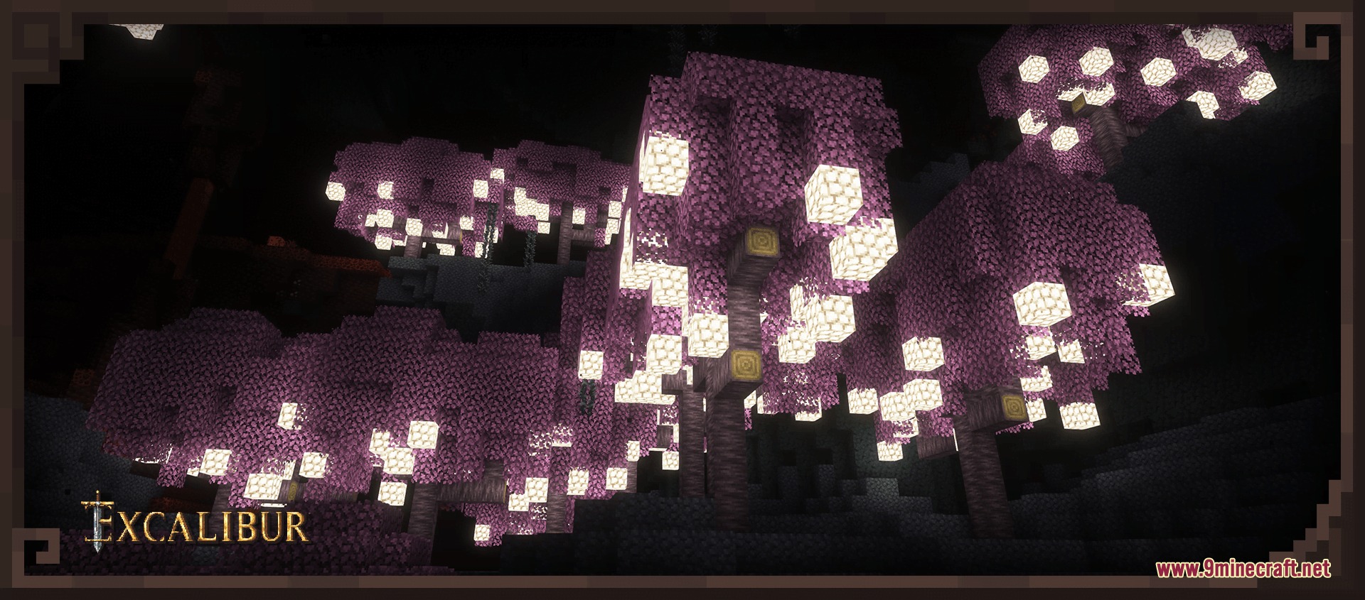 Excalibur Deeper and Darker Support Resource Pack Screenshot 2 Vibrant purple trees with glowing blocks inside a dark underground biome