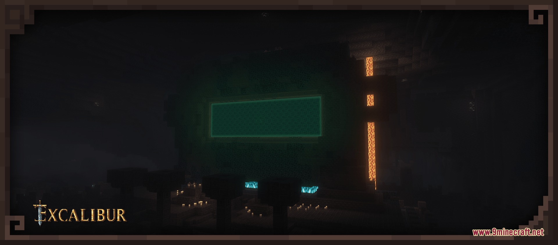 Excalibur Deeper and Darker Support Resource Pack Screenshot 3 A mysterious glowing green portal stands in a dark cave with lava