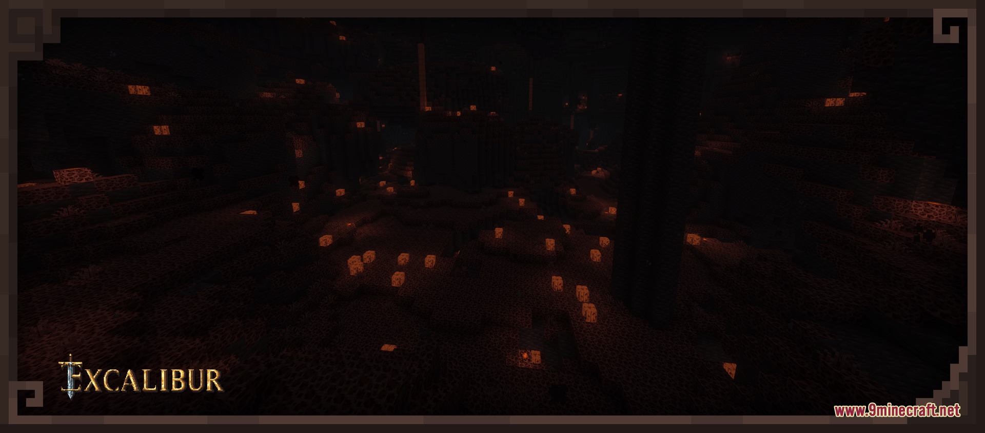 Excalibur Deeper and Darker Support Resource Pack Screenshot 4 Glowing orange blocks illuminate the floor of a dark and rocky underground cavern
