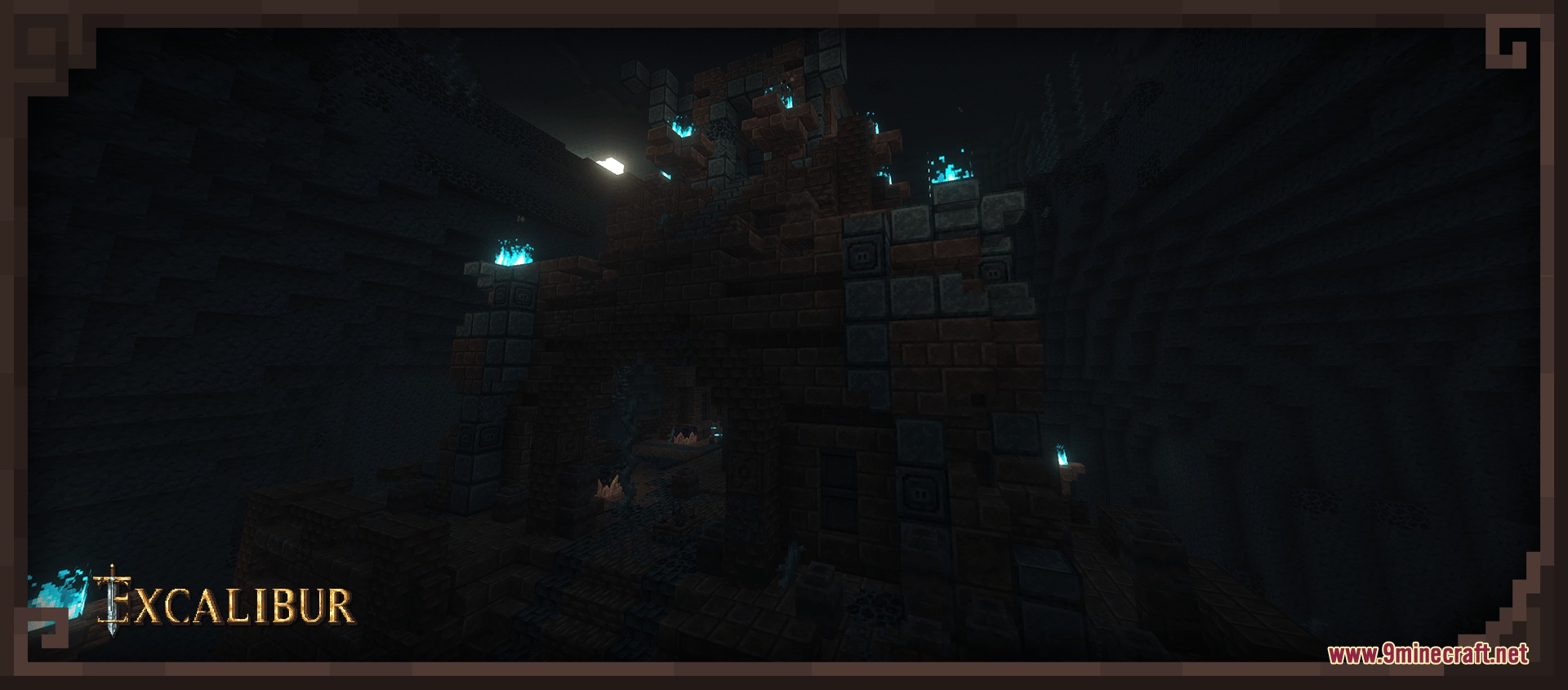 Excalibur Deeper and Darker Support Resource Pack Screenshot 5 Dark stone structure illuminated by blue soul fire in a deep cave