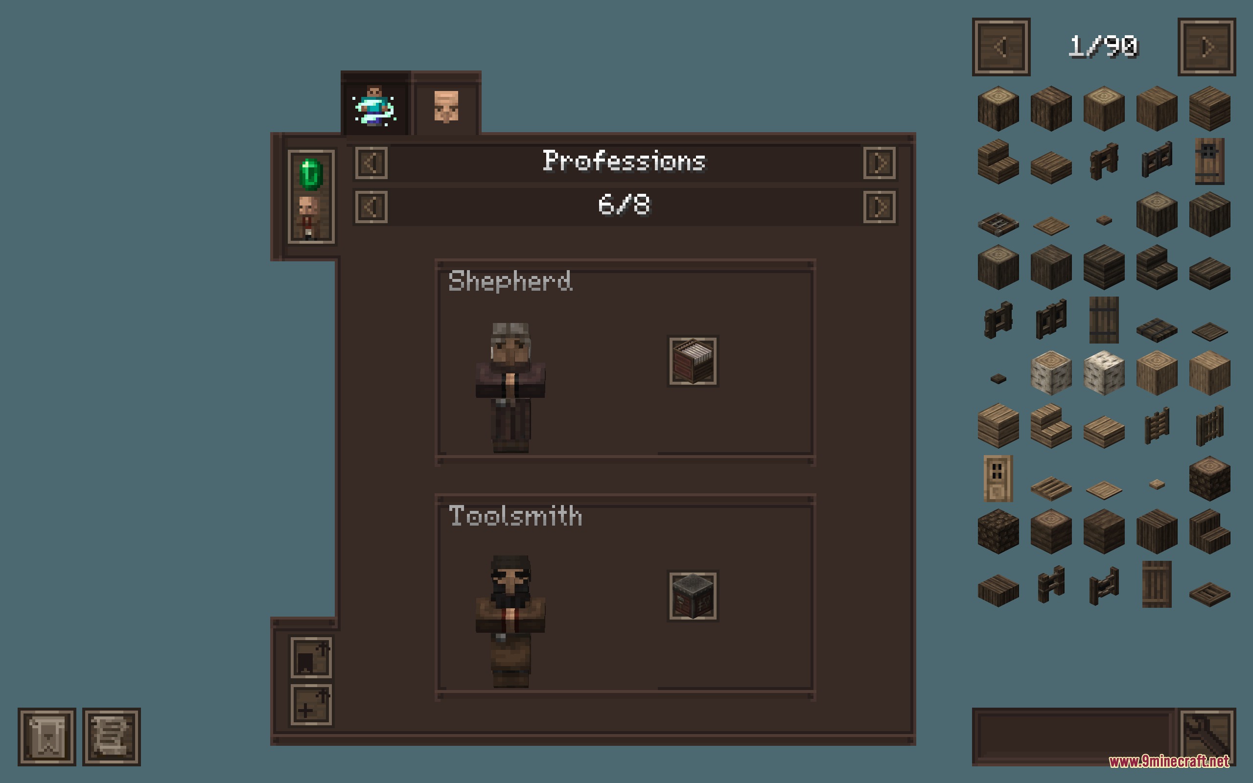 Excalibur Just Enough Items JEI Support Resource Pack Screenshot 3 Excalibur resource pack restyles the villager professions menu with rustic brown textures
