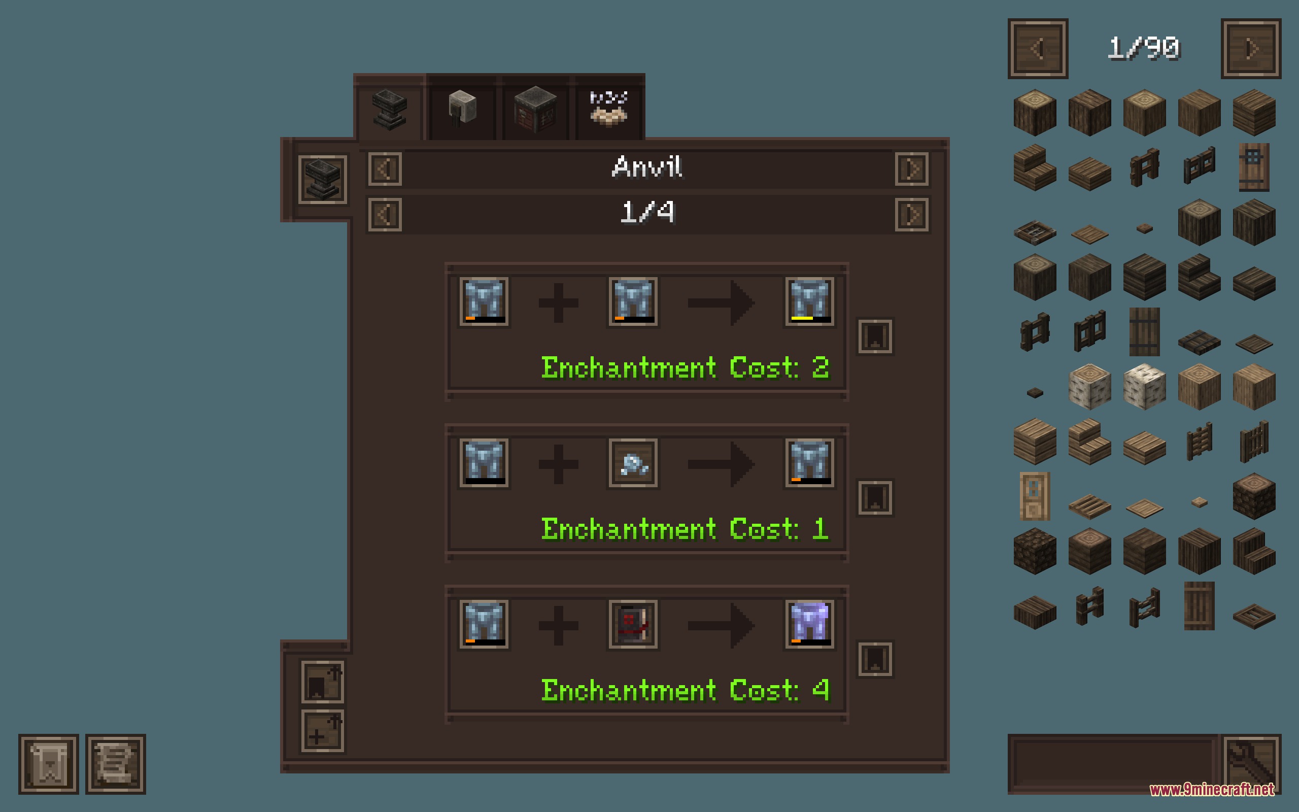 Excalibur Just Enough Items JEI Support by Ruseki_ Resource Pack Screenshot 4 Medieval themed anvil menu displaying item repair recipes and enchantment level costs