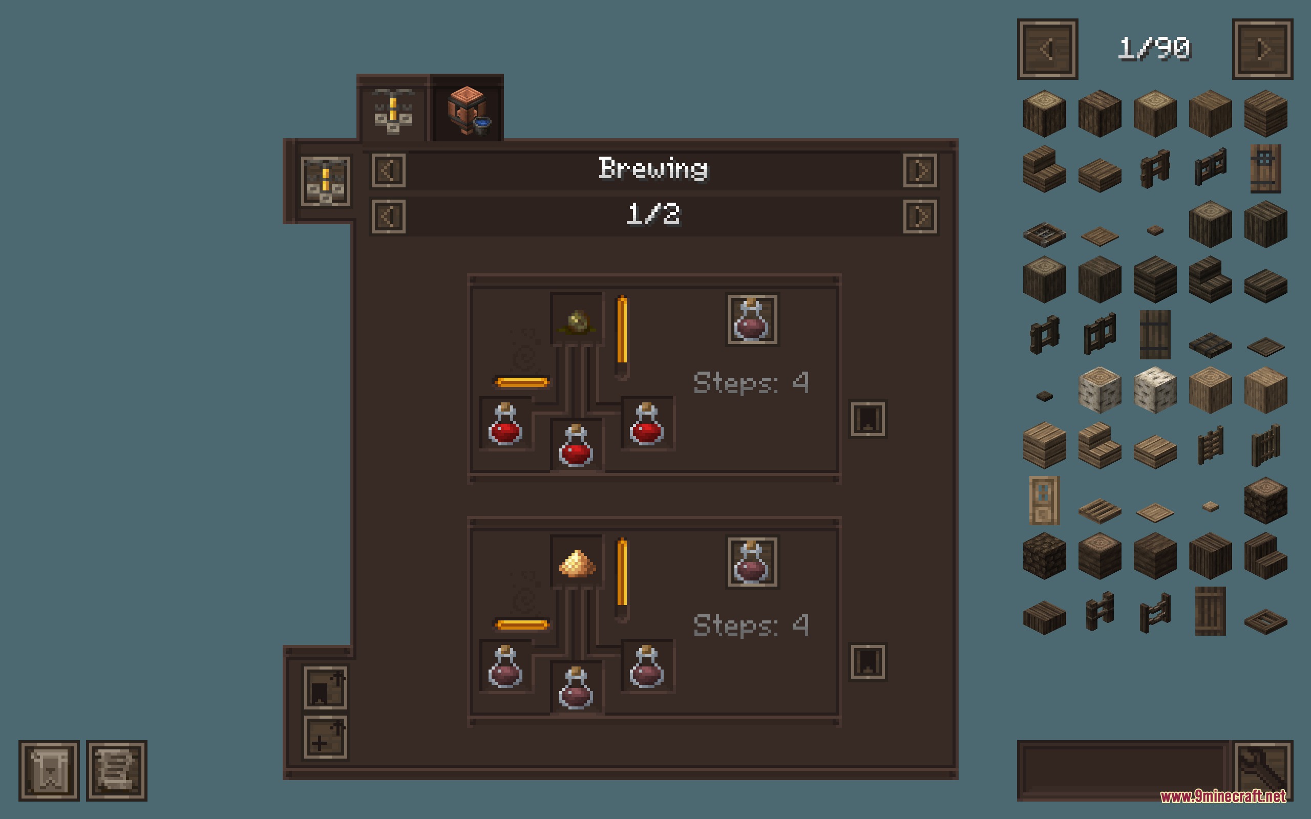 Excalibur Just Enough Items JEI Support by Ruseki_ Resource Pack Screenshot 5 Medieval brewing interface showing potion recipes with rustic textures and item search