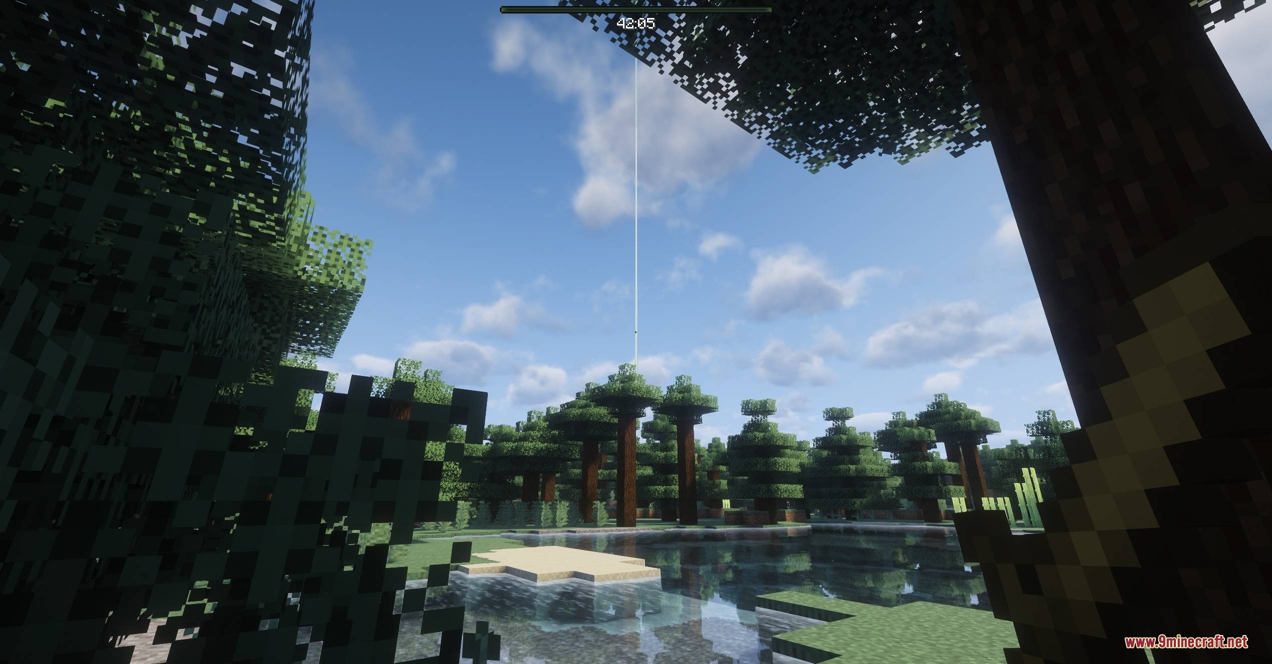 Exfil Craft Mod Screenshot 1 A glowing extraction portal beam in the Exfil Craft Mod forest landscape