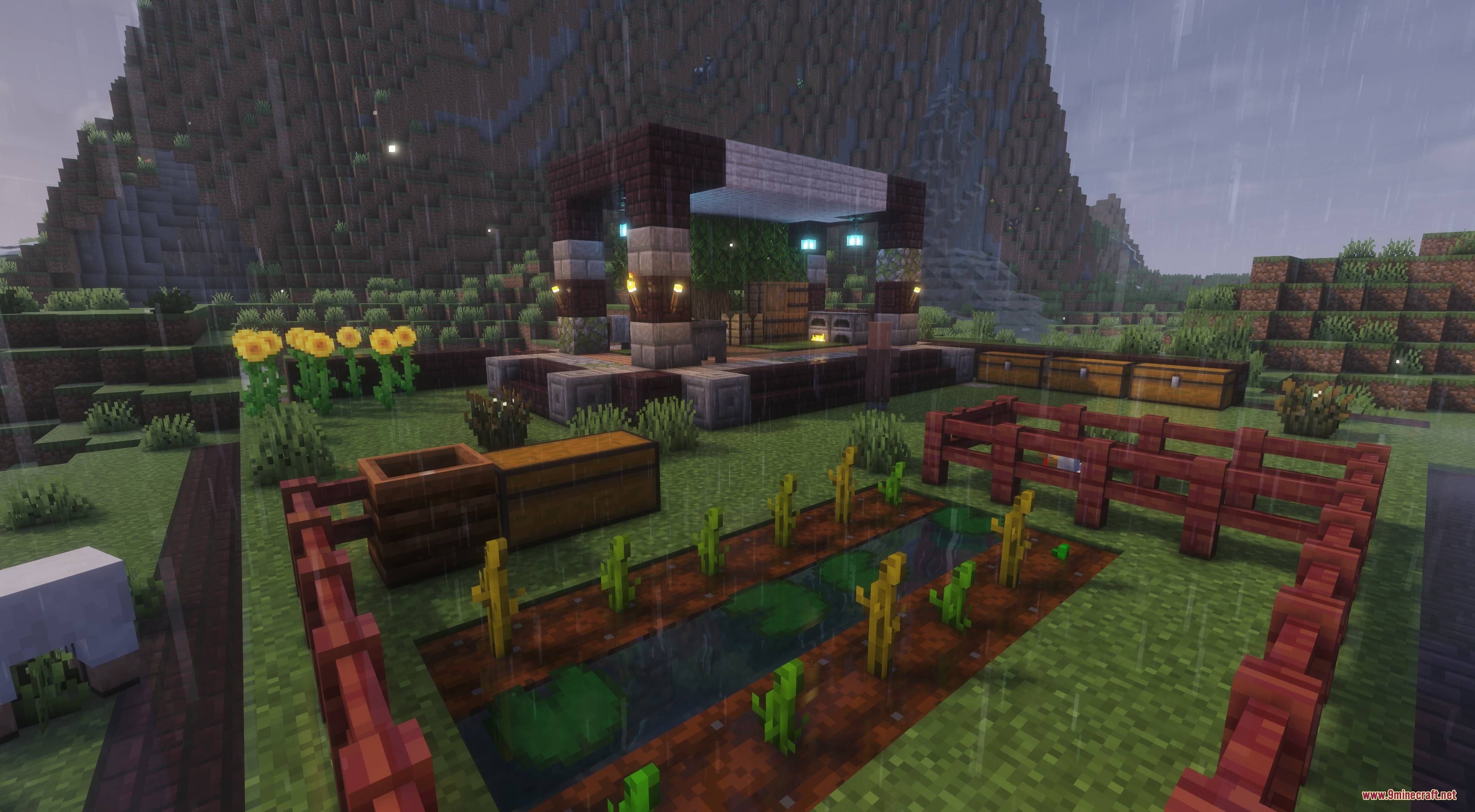 Exfil Craft Mod Screenshot 2 A safe home base with a small farm and storage under rain
