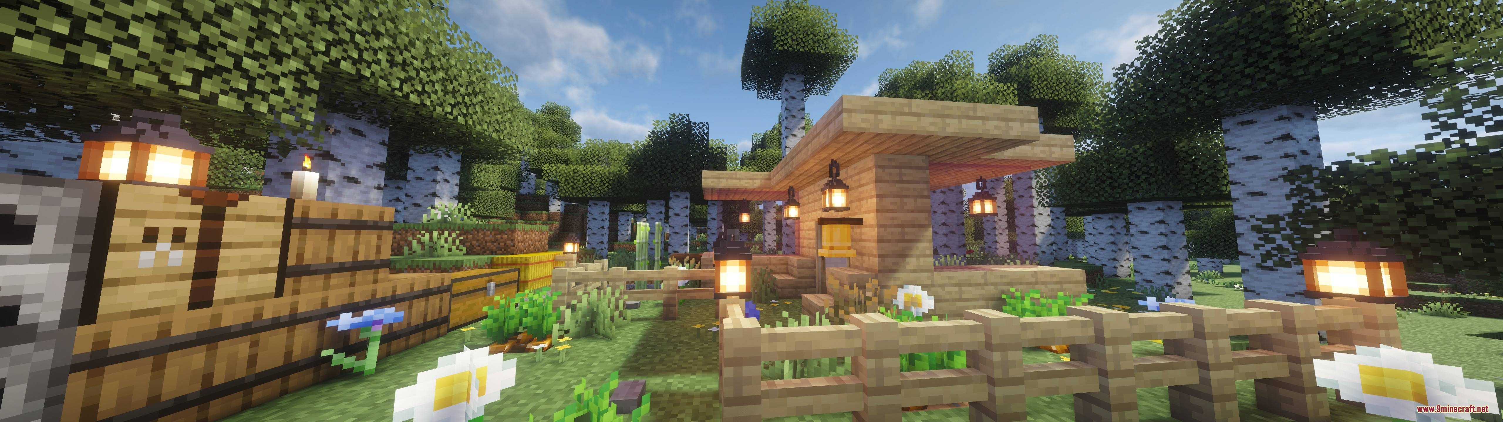 Exfil Craft Mod Screenshot 5 A cozy wooden base with lanterns and flowers in a peaceful birch forest