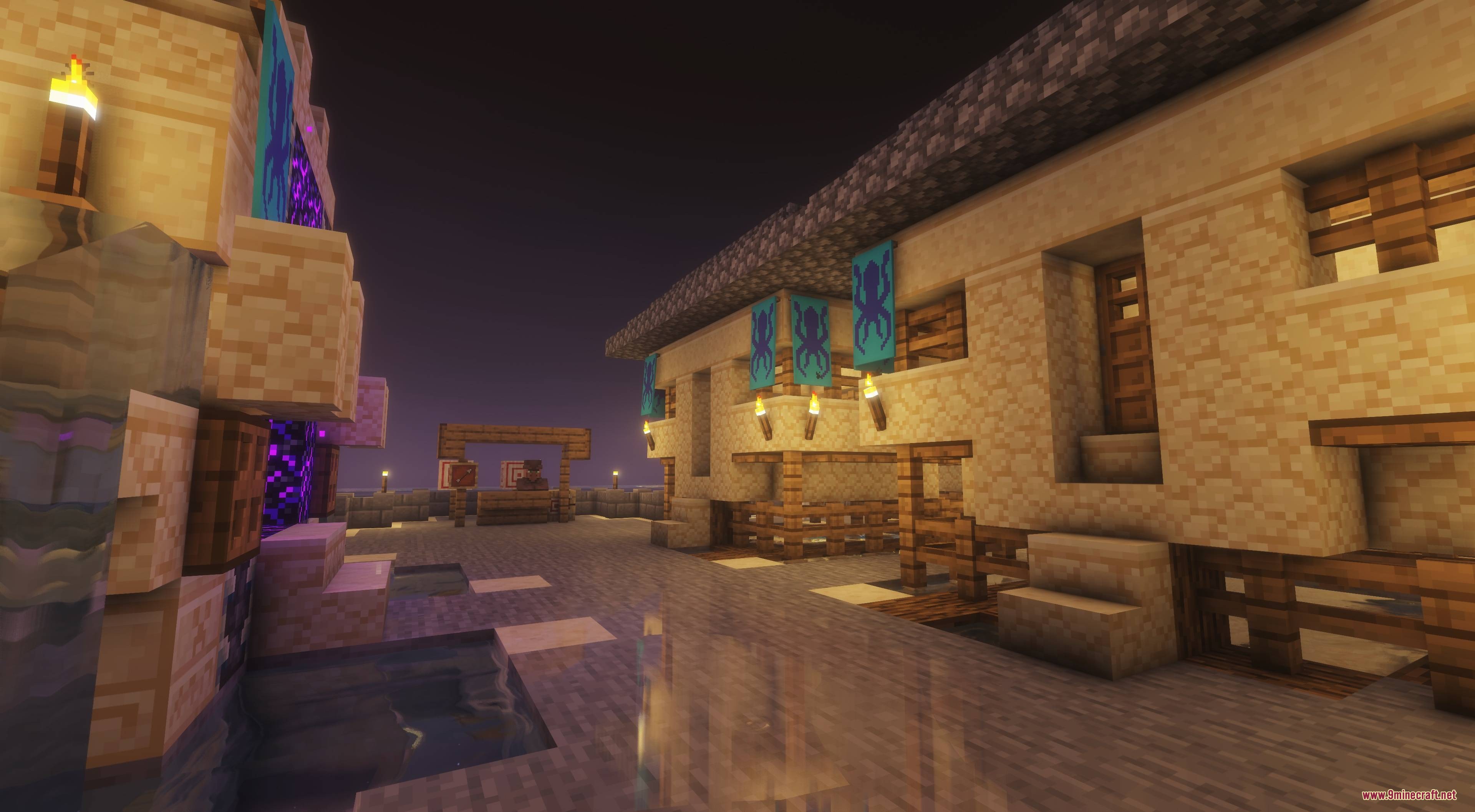 Exfil Craft Mod Screenshot 6 Stone buildings with blue banners and torches near a glowing nether portal